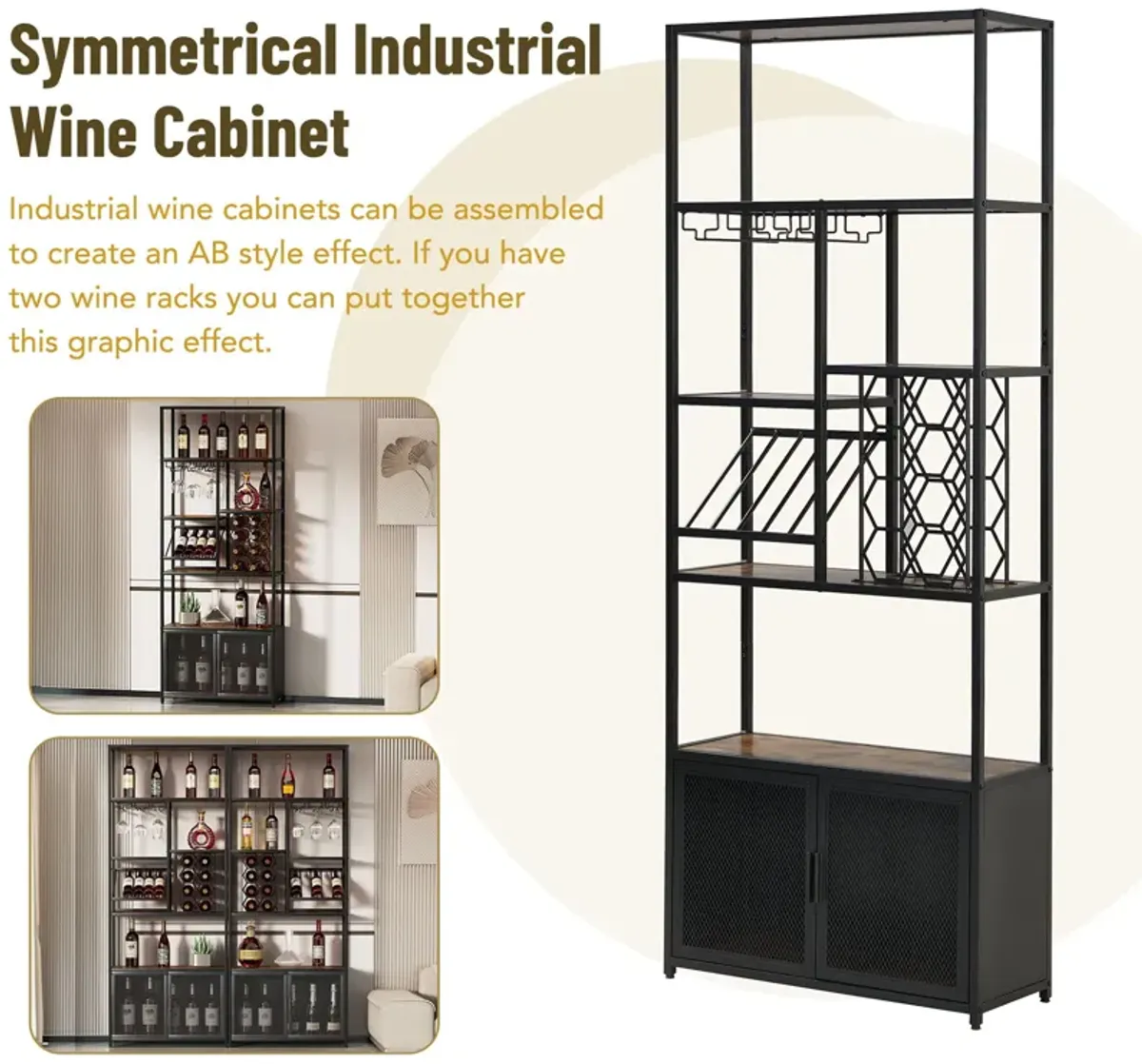 82.7" Industrial Standing Wine Rack With Glass Rack Tall Freestanding Floor Bar Cabinet - Walnut / Black