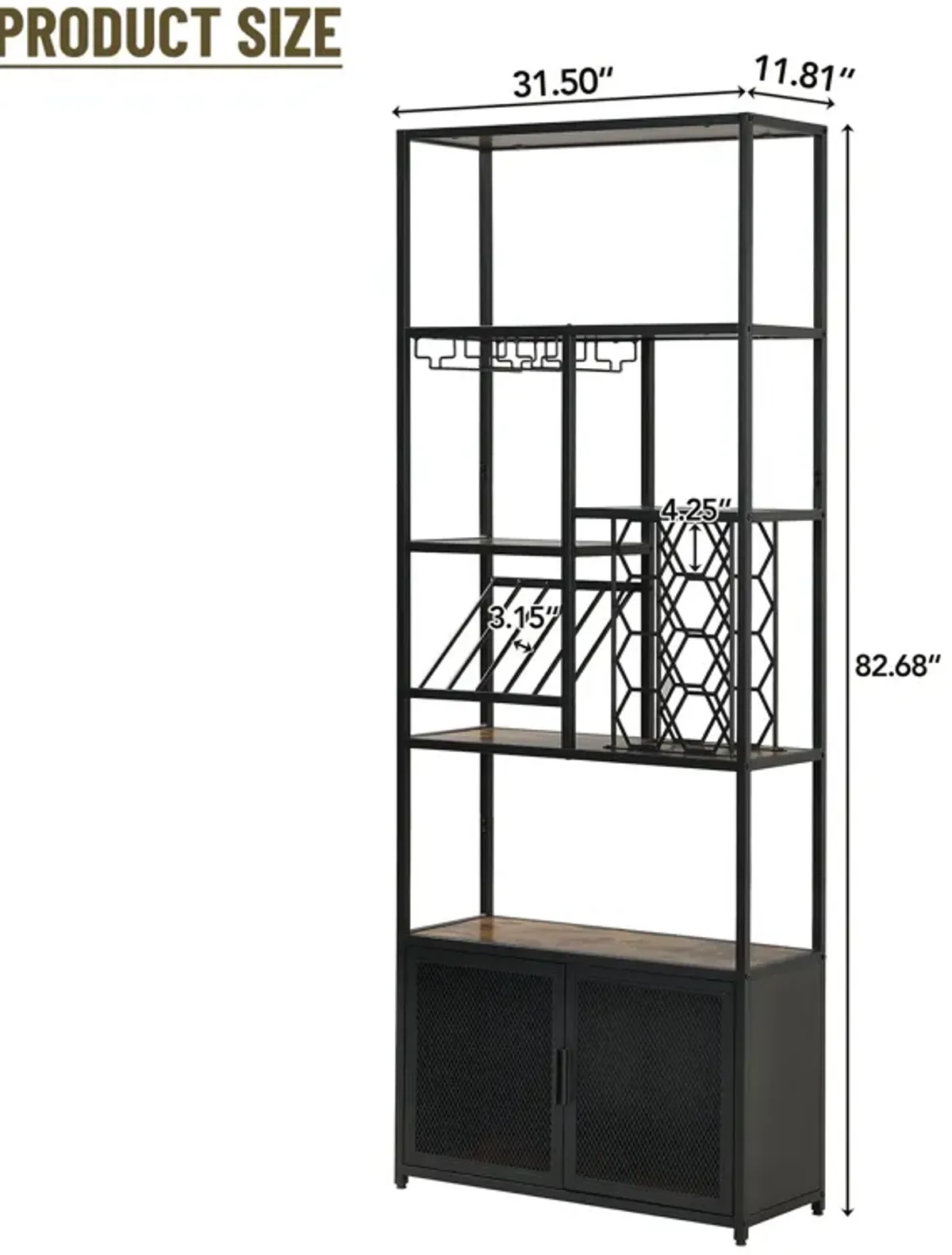 82.7" Industrial Standing Wine Rack With Glass Rack Tall Freestanding Floor Bar Cabinet - Walnut / Black