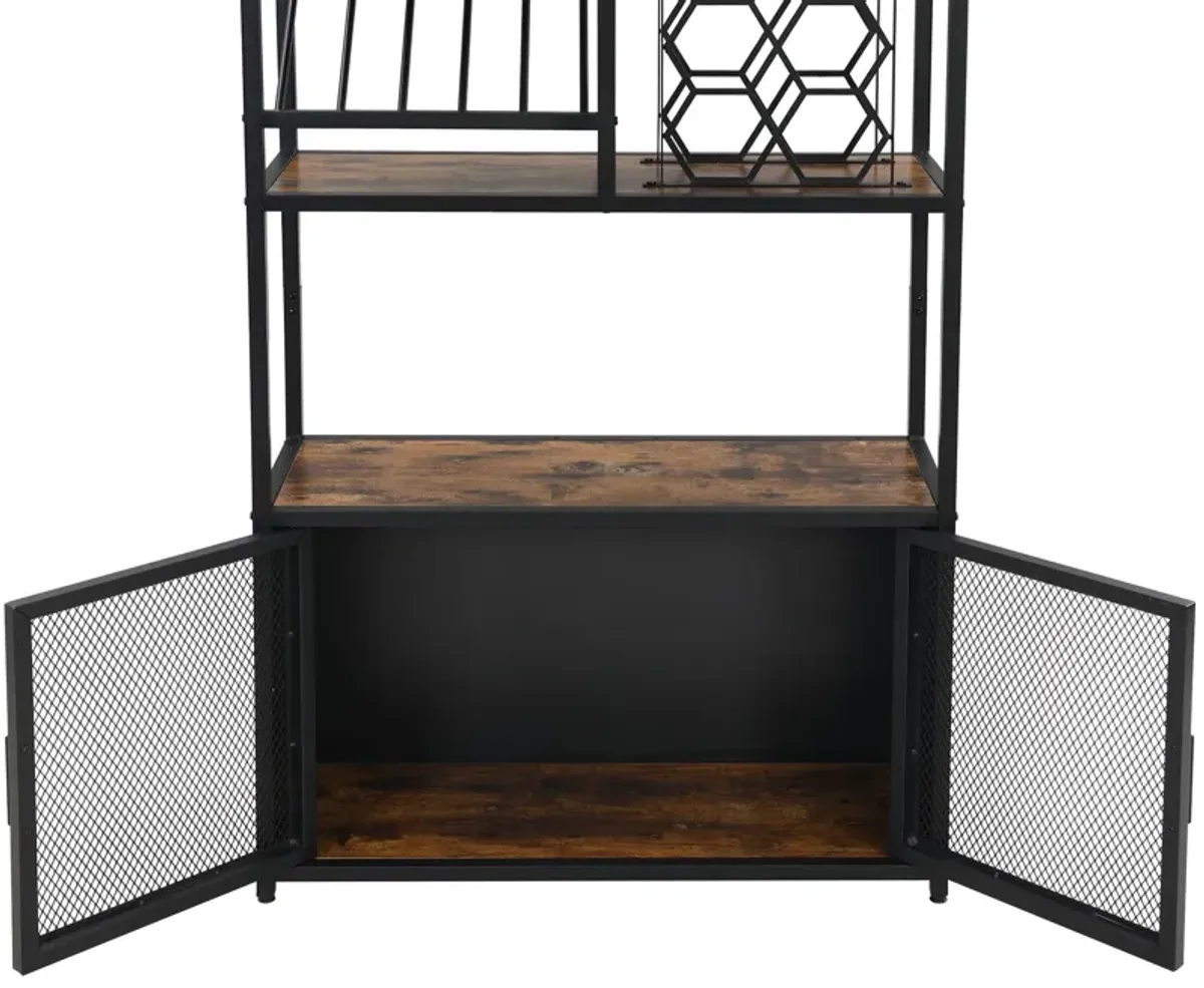 82.7" Industrial Standing Wine Rack With Glass Rack Tall Freestanding Floor Bar Cabinet - Walnut / Black