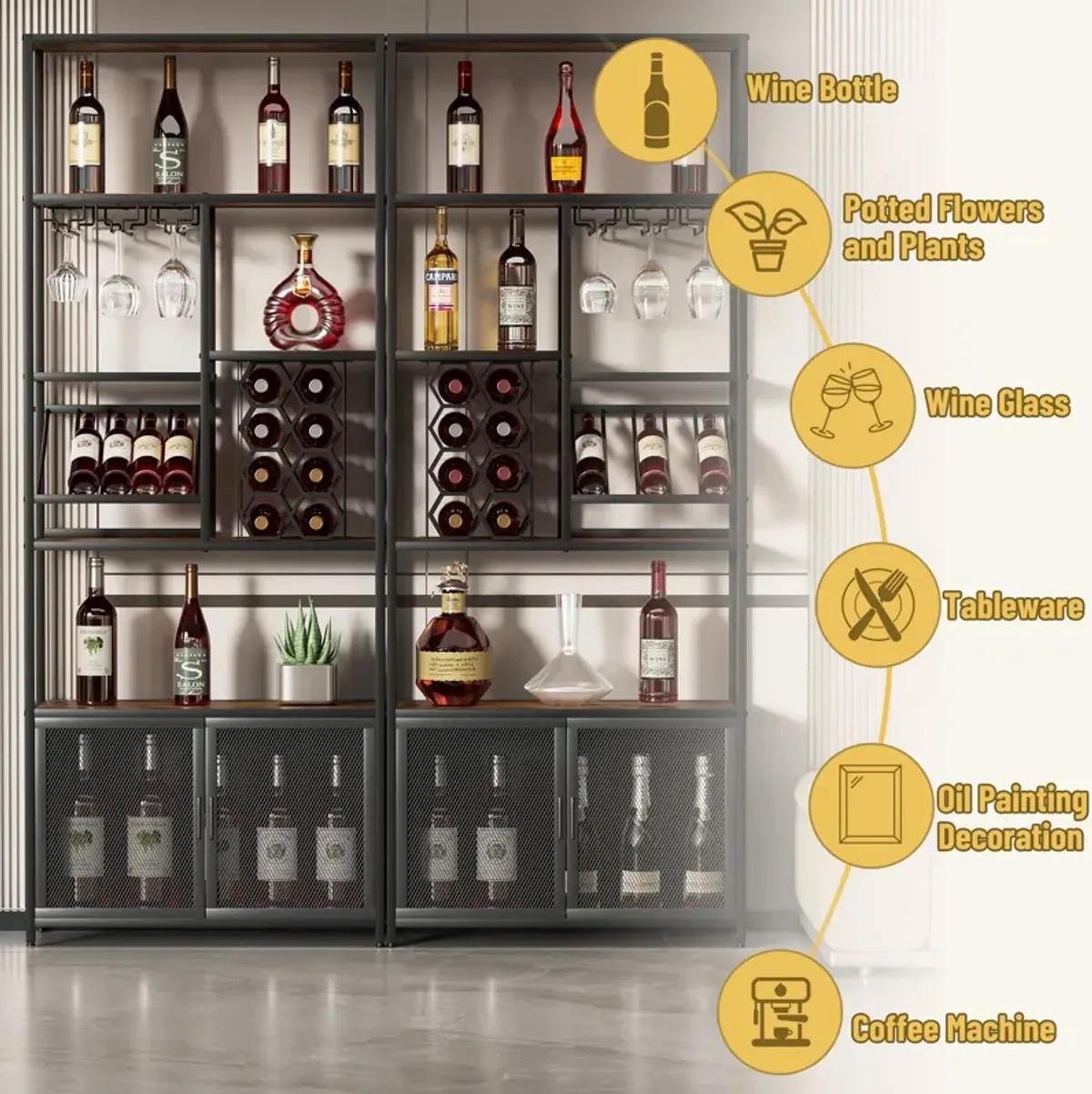 82.7" Industrial Standing Wine Rack With Glass Rack Tall Freestanding Floor Bar Cabinet - Walnut / Black