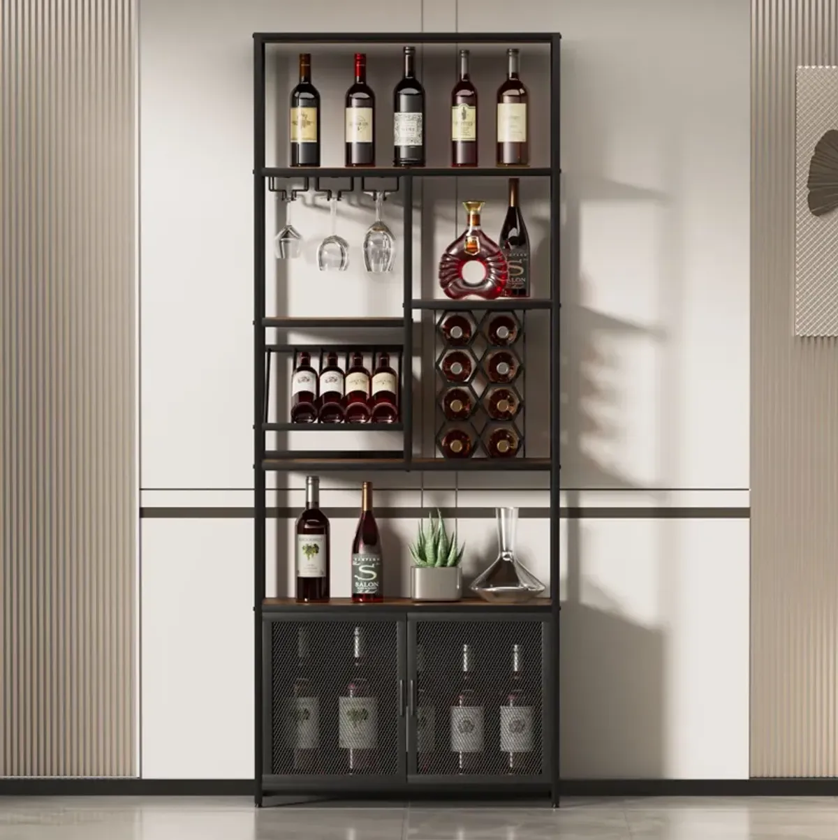 82.7" Industrial Standing Wine Rack With Glass Rack Tall Freestanding Floor Bar Cabinet - Walnut / Black