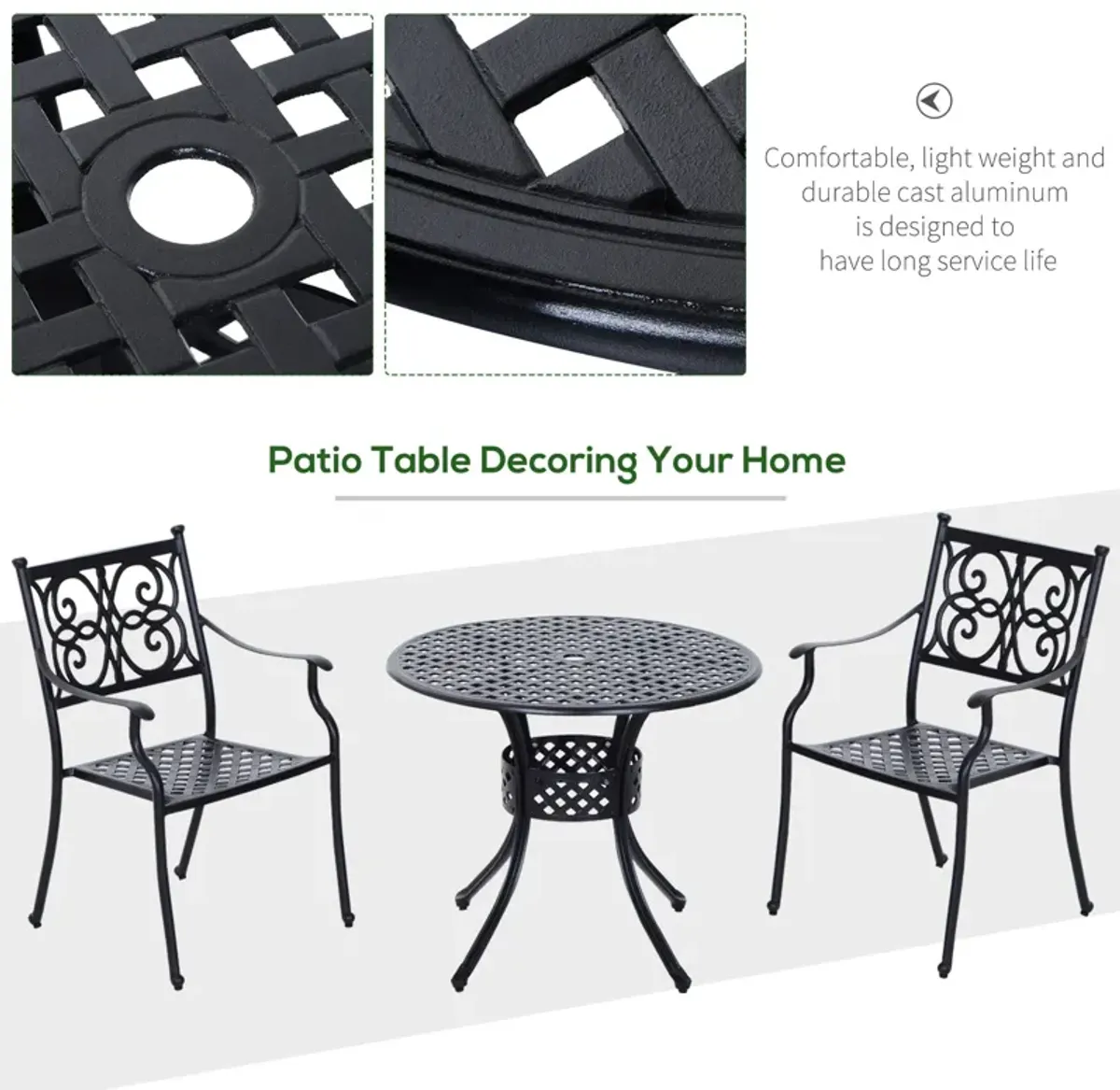 Outsunny - 33" Patio Dining Table Round Cast Aluminium Outdoor Bistro Table With Umbrella Hole - Black