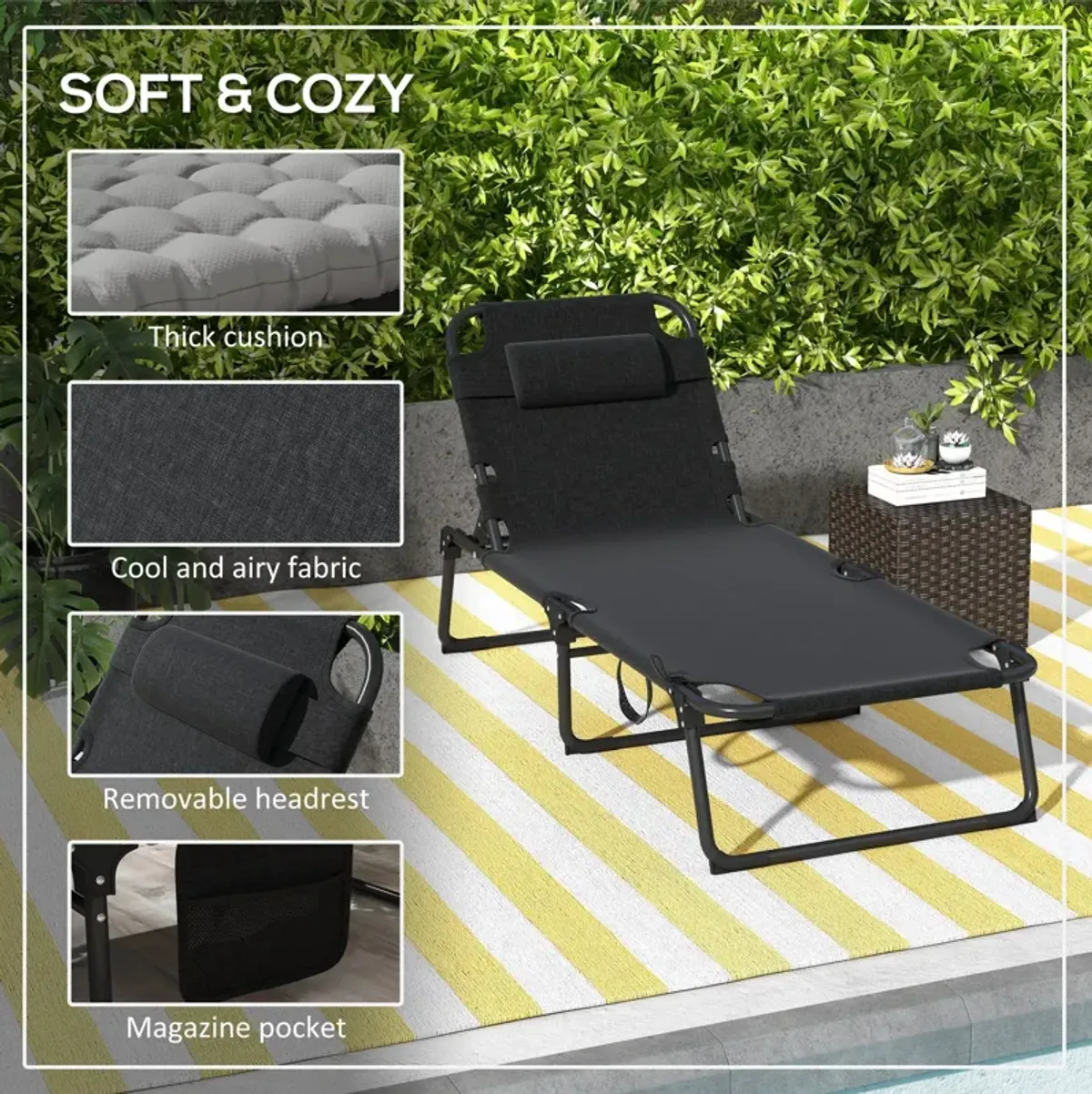 Outsunny - Outdoor Chaise, Adjustable Folding Chaise Lounge With 4-Position Backrest, Magazine Pocket, Removable Head Pillow, Sun Bathing Lounger Chair For Patio, Beach - Gray