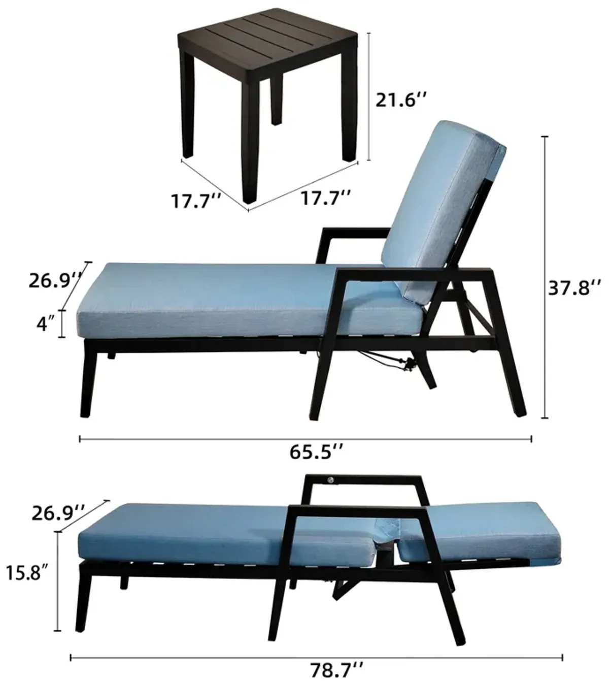 3 Piece Outdoor Patio Chaise Lounge Set, 2 Chaise & 1 End Table With Modern Tapered Feet, Pneumatic Adjustable Backrest For Effortless Reclining, Wheels, Sunbrella Cushion - Ember Black / Blue