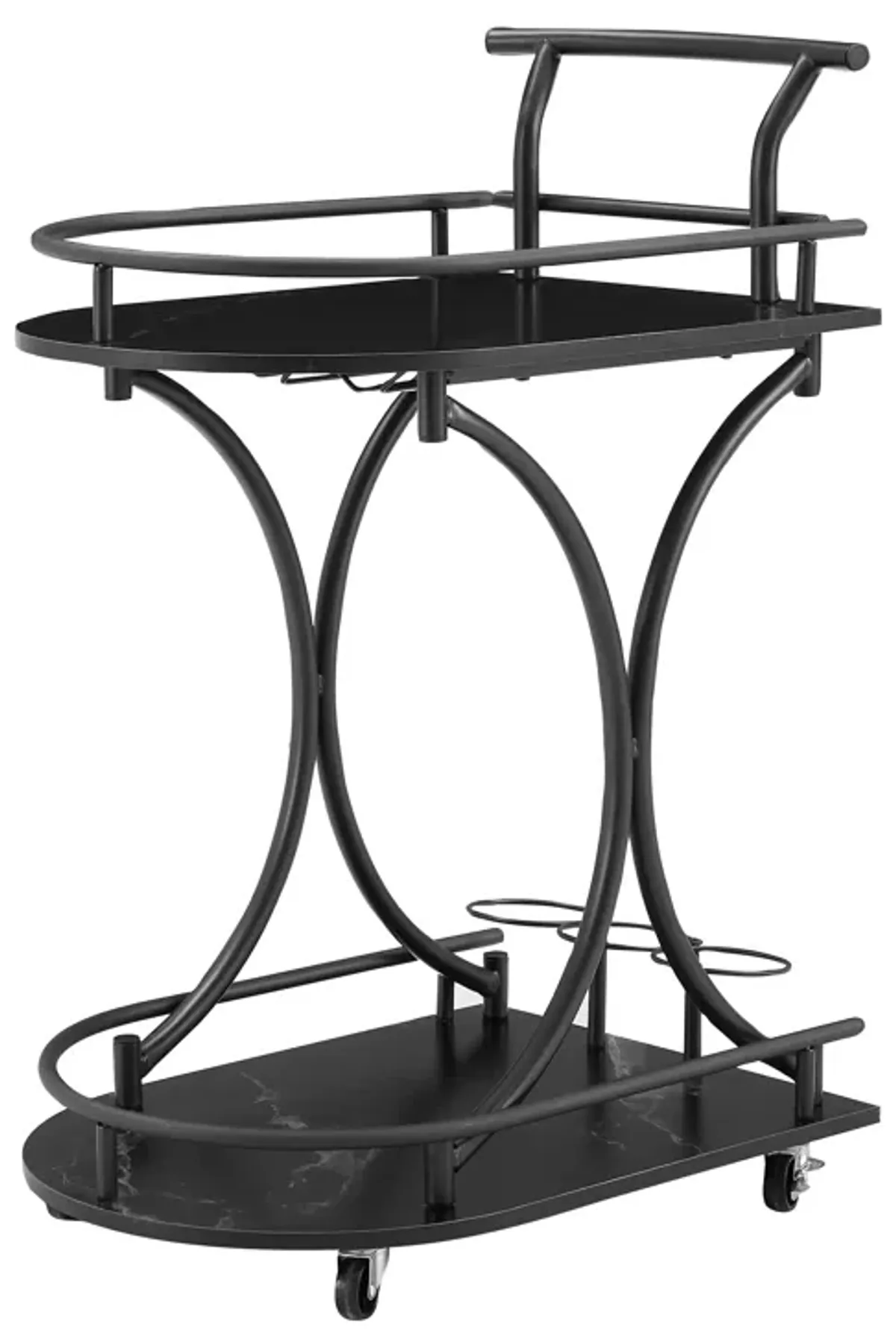 2 Tier Bar Cart, Slide Bar Serving Cart, Retro Style Wine Cart For Kitchen, Beverage Cart With Wine Rack And Glass Holder, Rolling Drink Trolley For Living Room, Dining Room - Black