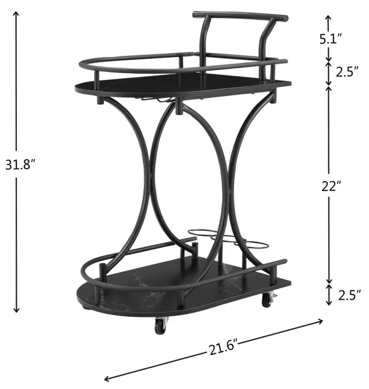 2 Tier Bar Cart, Slide Bar Serving Cart, Retro Style Wine Cart For Kitchen, Beverage Cart With Wine Rack And Glass Holder, Rolling Drink Trolley For Living Room, Dining Room - Black