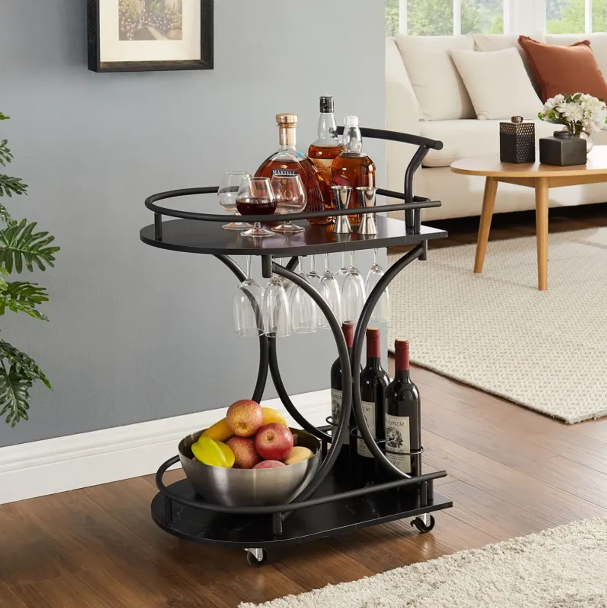 2 Tier Bar Cart, Slide Bar Serving Cart, Retro Style Wine Cart For Kitchen, Beverage Cart With Wine Rack And Glass Holder, Rolling Drink Trolley For Living Room, Dining Room - Black