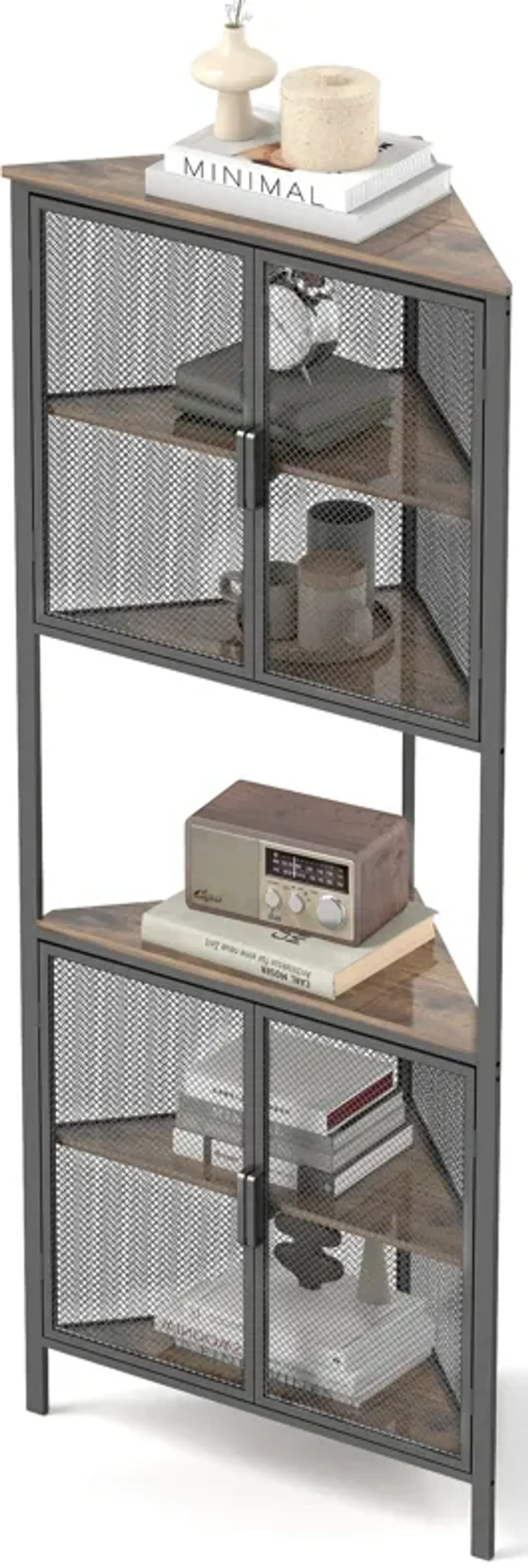 5 Tier Shelves With Metal Mesh Door, Bookcase Storage Shelf Corner Shelf For Small Space, Living Room - Black / Brown