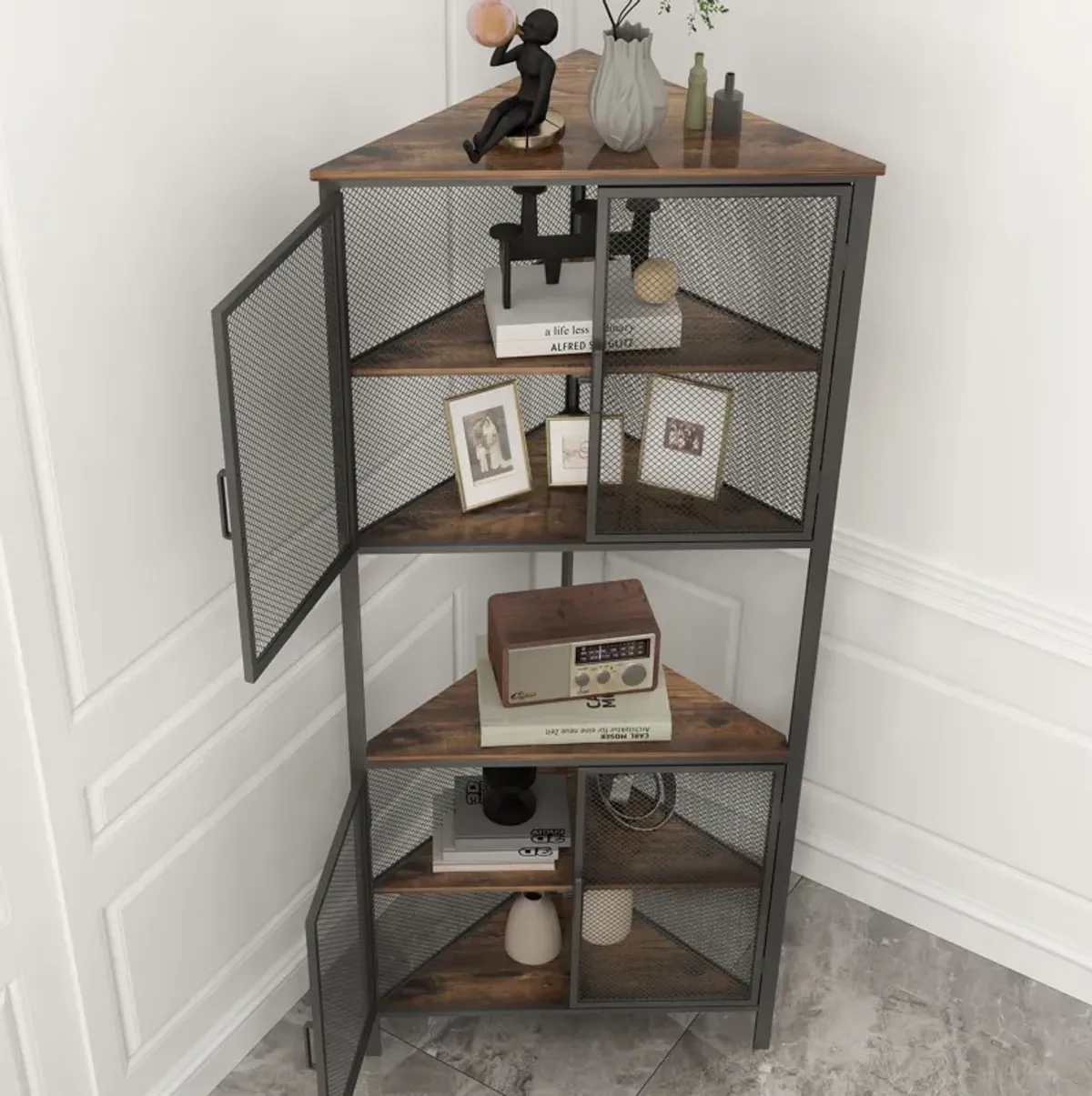 5 Tier Shelves With Metal Mesh Door, Bookcase Storage Shelf Corner Shelf For Small Space, Living Room - Black / Brown