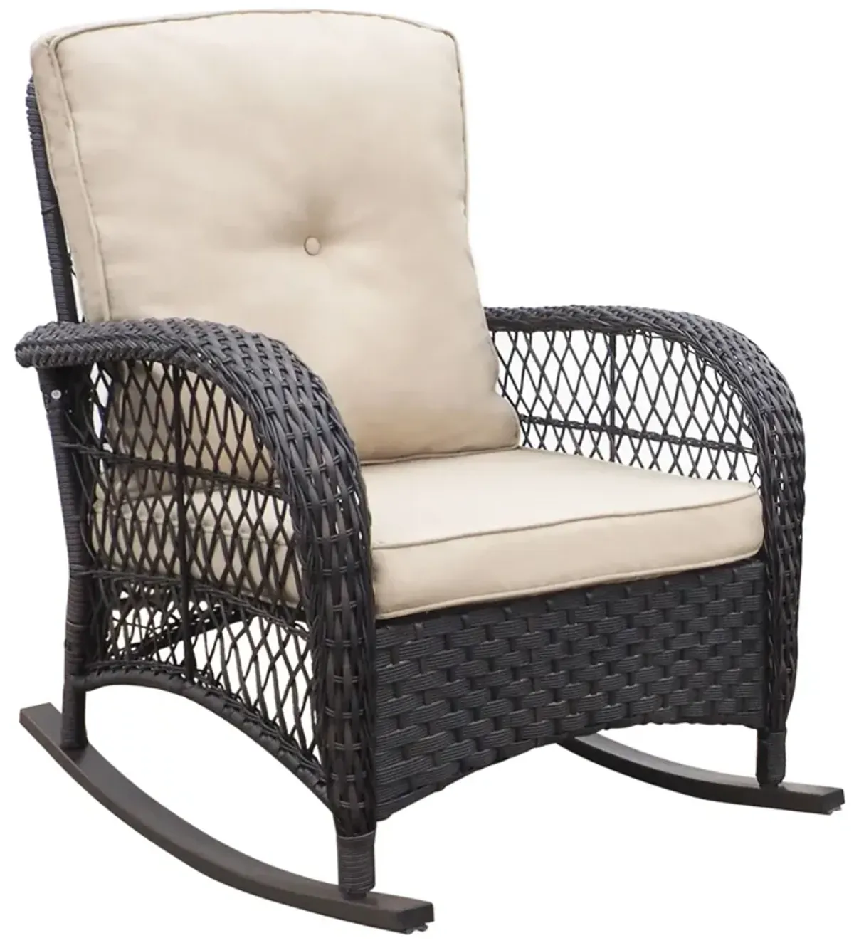 3 Pieces Conversation Set, Outdoor Wicker Rocker Patio Bistro Set, Rocking Chair With Glass Top Side Table - Brown / Beige