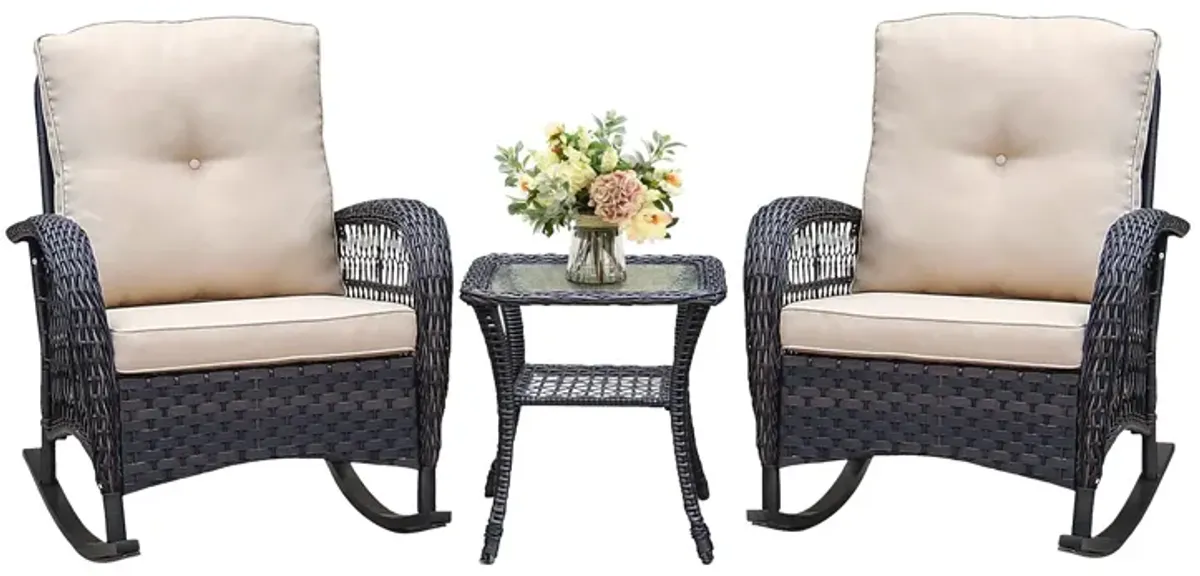 3 Pieces Conversation Set, Outdoor Wicker Rocker Patio Bistro Set, Rocking Chair With Glass Top Side Table - Brown / Beige