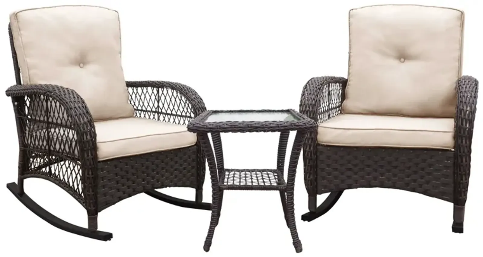 3 Pieces Conversation Set, Outdoor Wicker Rocker Patio Bistro Set, Rocking Chair With Glass Top Side Table - Brown / Beige