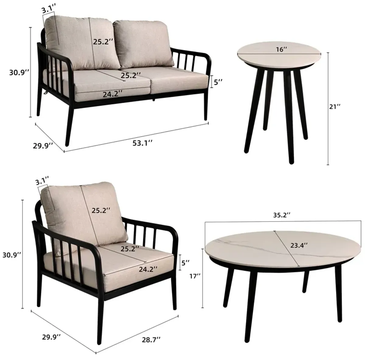 5 Pieces Outdoor Patio, Modern Chat Sofa Conversation Set, Removable Sunbrella Cushions And Table With Carrara Marble Look Sintered Stone Top - Ember Black / White