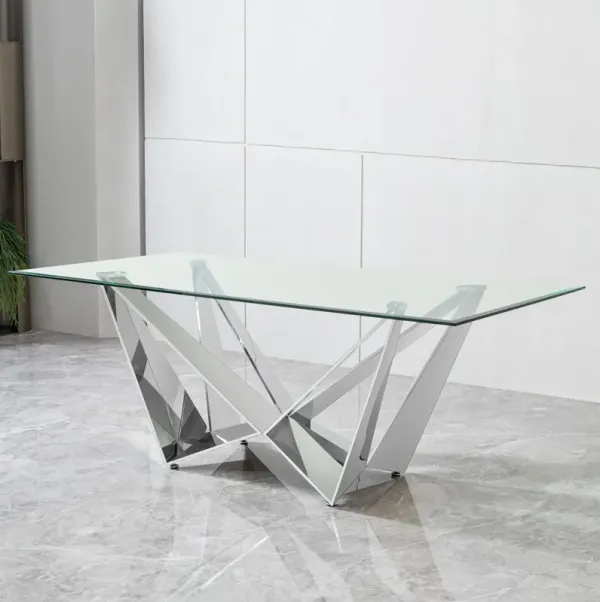 Clear Glass With Polished Stainless Steel Base Dining Table - Silver