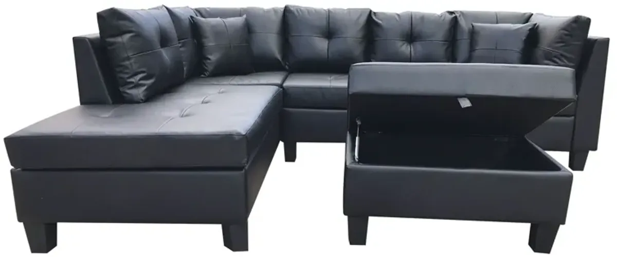 3 Piece Sofa With Left Chaise Lounge And Storage Ottoman, 2 Throw Pillows - Black