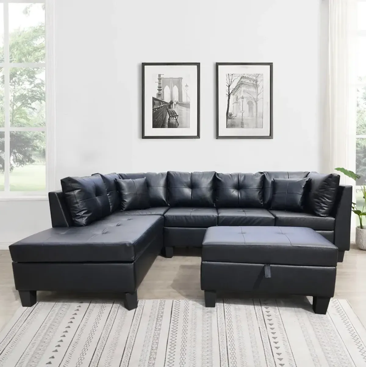 3 Piece Sofa With Left Chaise Lounge And Storage Ottoman, 2 Throw Pillows - Black