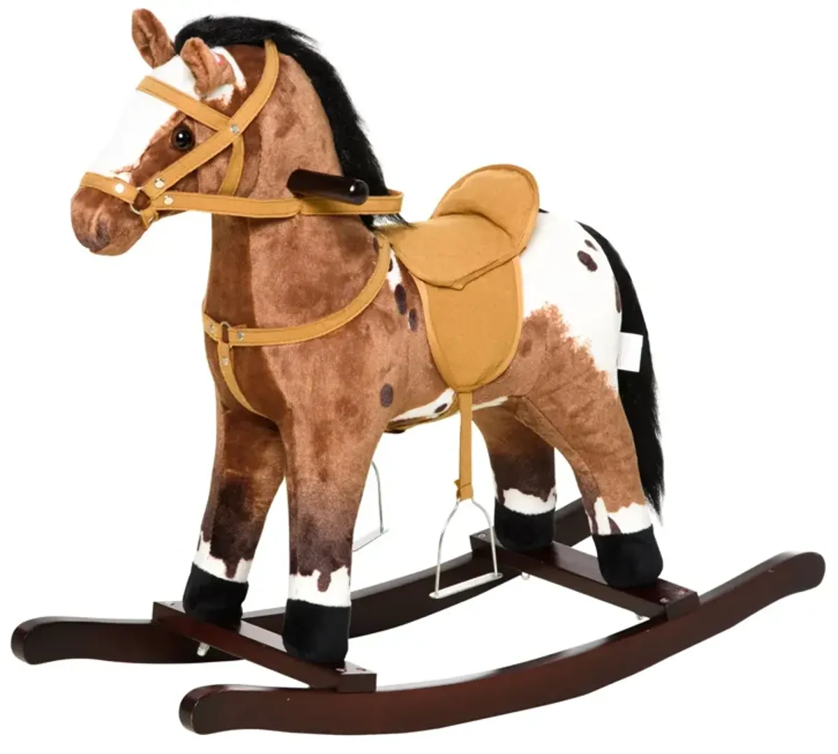 Qaba - Kids Metal Plush Ride-On Rocking Horse Chair Toy With Realistic Sounds - Dark Brown / White