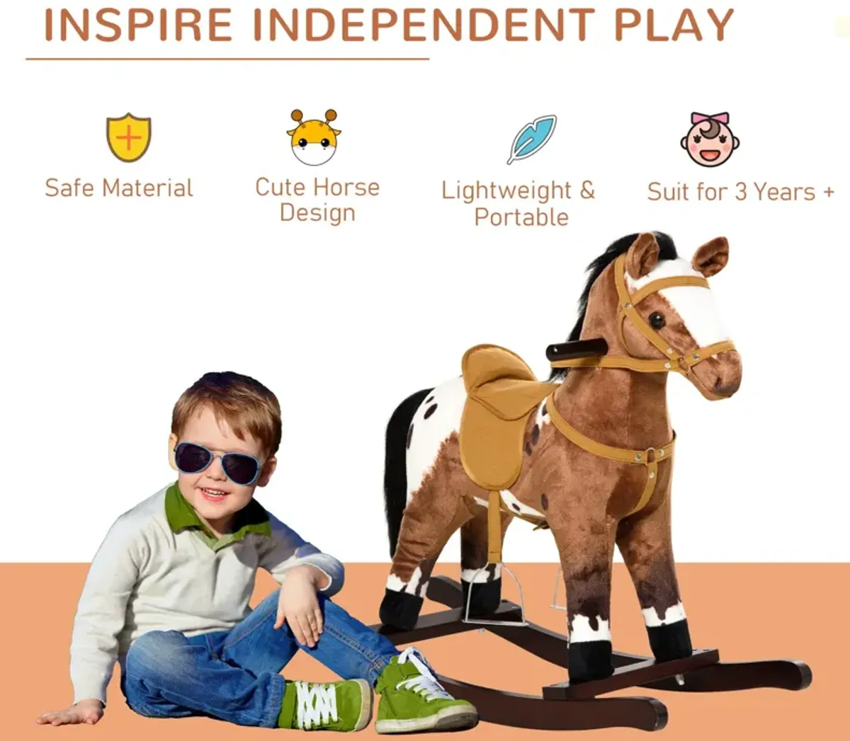 Qaba - Kids Metal Plush Ride-On Rocking Horse Chair Toy With Realistic Sounds - Dark Brown / White