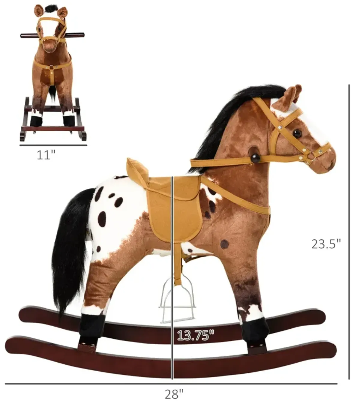 Qaba - Kids Metal Plush Ride-On Rocking Horse Chair Toy With Realistic Sounds - Dark Brown / White