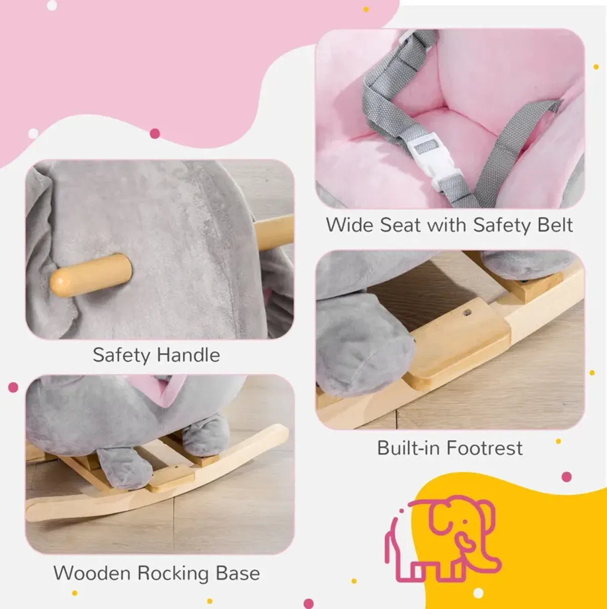 Qaba - Baby Rocking Horse Elephant Rocking Chair Toddler Rocker Toy With Sound Wooden Base Seat Safety Belt For 1.5-3 Year Old - Gray