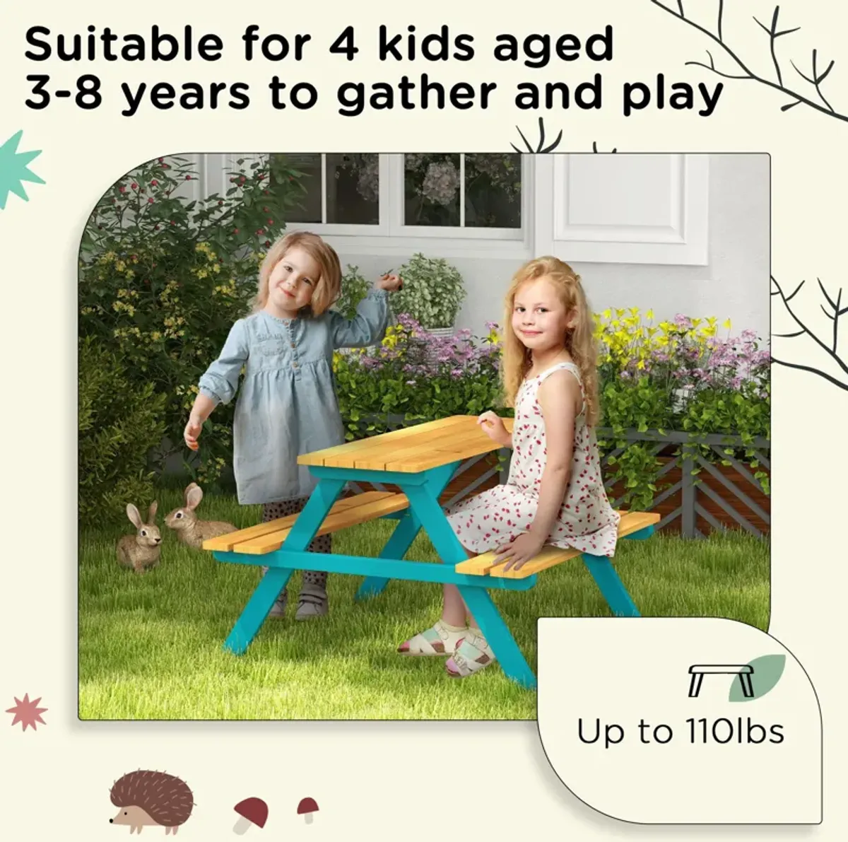 Outsunny - Kids Picnic Table Set With Wooden Table, Outdoor Bench Set With Seating For 4 Kids Ages 3-8 Years Old For Patio Garden, Easy Installation, Outdoor Indoor Use - Natural Wood