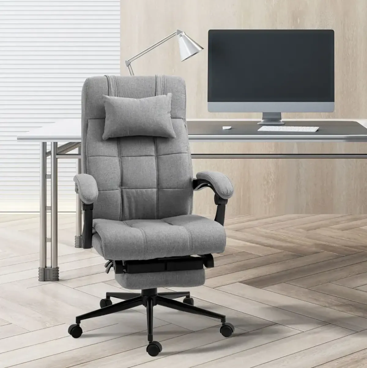 Vinsetto - Executive Linen-Feel Fabric Office Chair High Back Swivel Task Chair With Adjustable Height Upholstered Retractable Footrest, Headrest And Padded Armrest - Light Gray