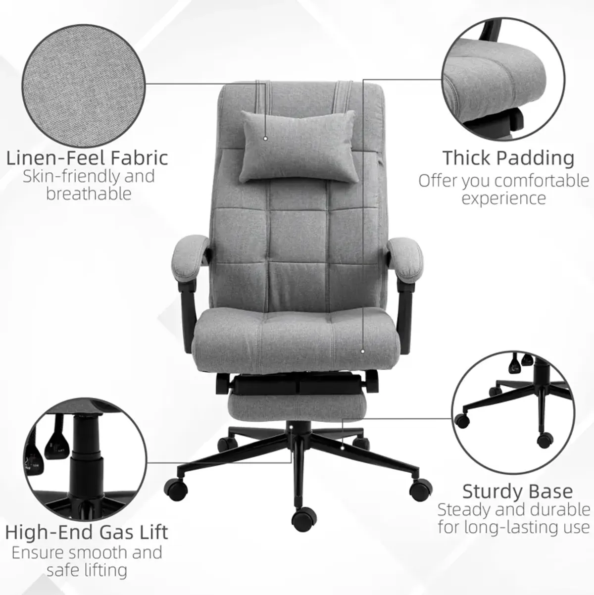 Vinsetto - Executive Linen-Feel Fabric Office Chair High Back Swivel Task Chair With Adjustable Height Upholstered Retractable Footrest, Headrest And Padded Armrest - Light Gray