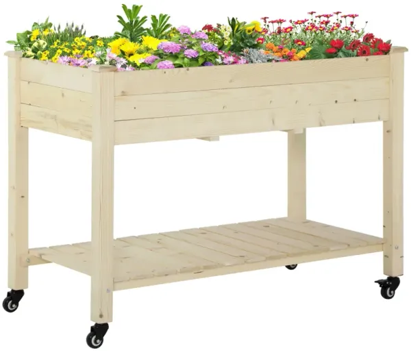 Outsunny - Raised Garden Bed, 47" x 22" x 33", Elevated Wooden Planter Box With Lockable Wheels, Storage Shelf, And Bed Liner For Backyard, Patio - Natural