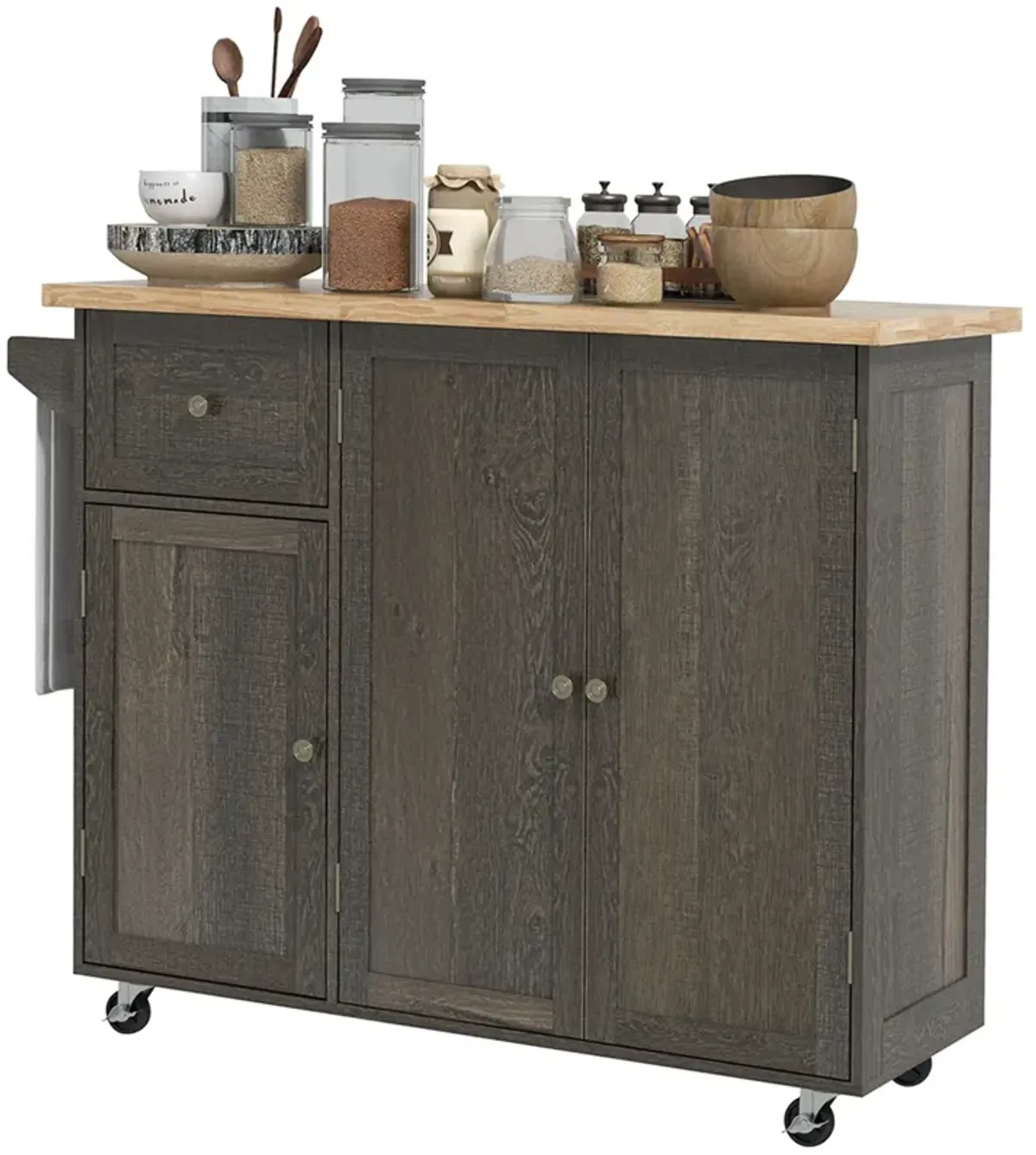 Homcom - Triple-Cabinet Rolling Kitchen Island On Wheels, Kitchen Cart With Storage Shelf Adjustment, Rolling Utility Cart With Wood Top, Towel Rack, Big Drawer - Distressed Brown