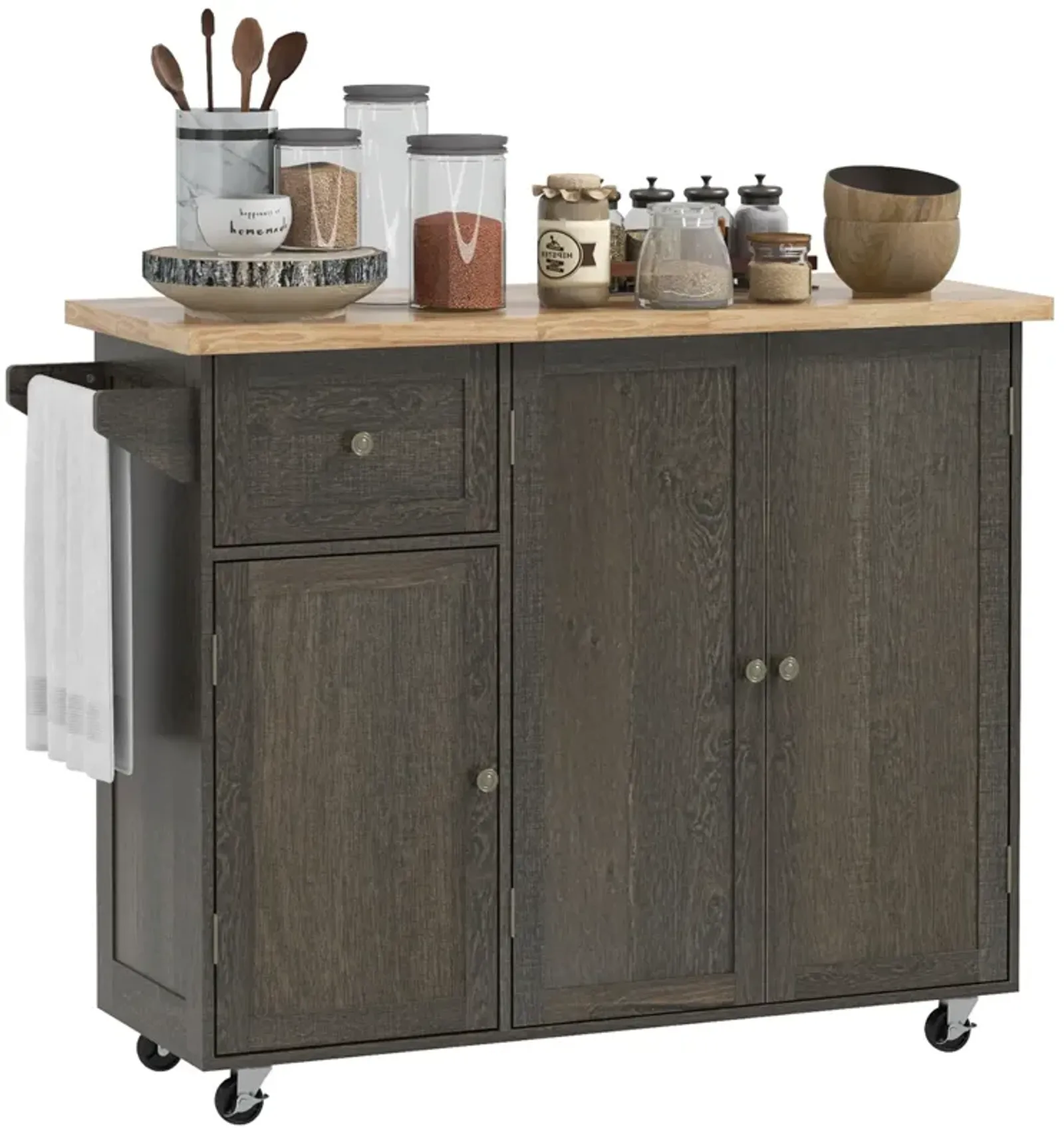 Homcom - Triple-Cabinet Rolling Kitchen Island On Wheels, Kitchen Cart With Storage Shelf Adjustment, Rolling Utility Cart With Wood Top, Towel Rack, Big Drawer - Distressed Brown