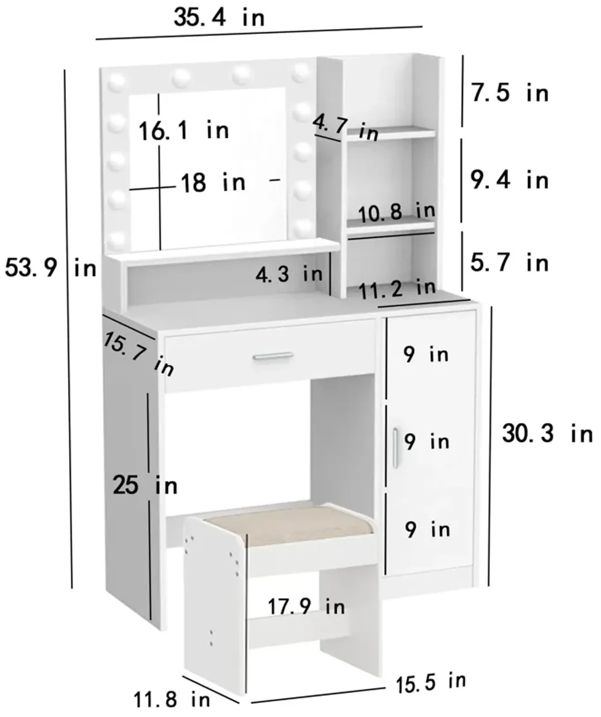 Vanity Desk With Mirror & Light, Large Drawer Three Level Storage Dresser, 3 Lighting Modes Adjustable Brightness, Bedroom Dressing Table (With Stool) - White