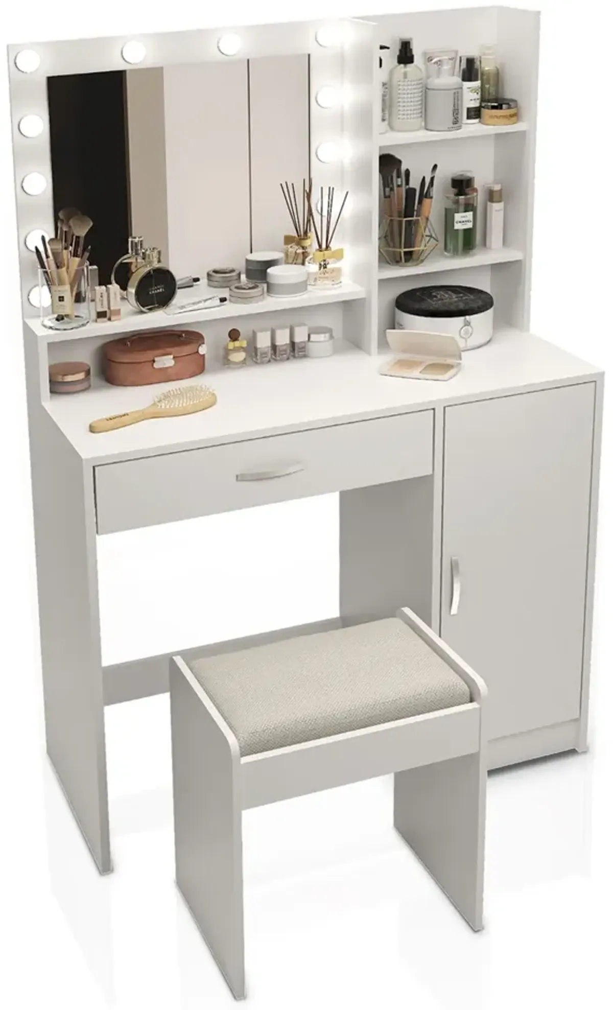 Vanity Desk With Mirror & Light, Large Drawer Three Level Storage Dresser, 3 Lighting Modes Adjustable Brightness, Bedroom Dressing Table (With Stool) - White