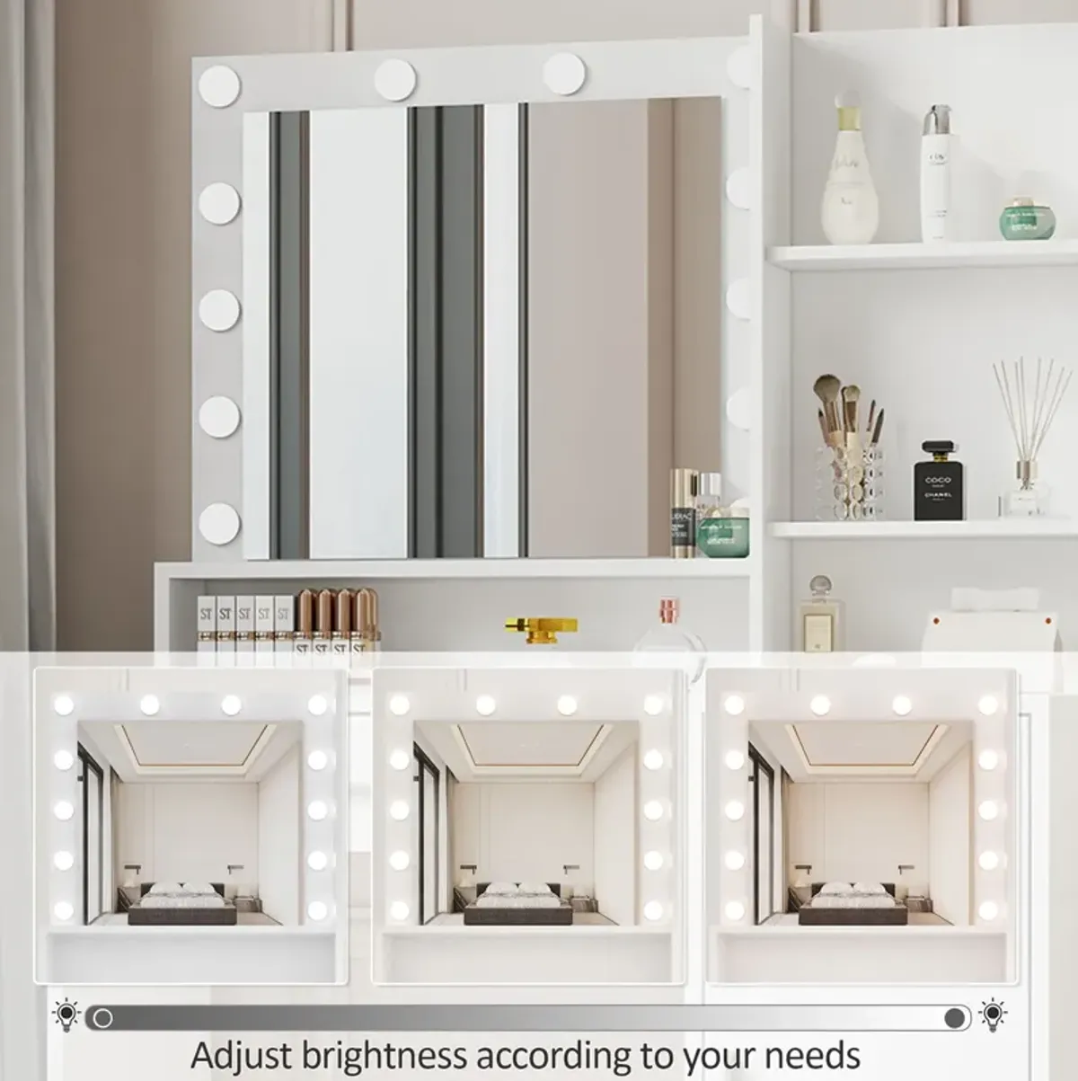 Vanity Desk With Mirror & Light, Large Drawer Three Level Storage Dresser, 3 Lighting Modes Adjustable Brightness, Bedroom Dressing Table (With Stool) - White