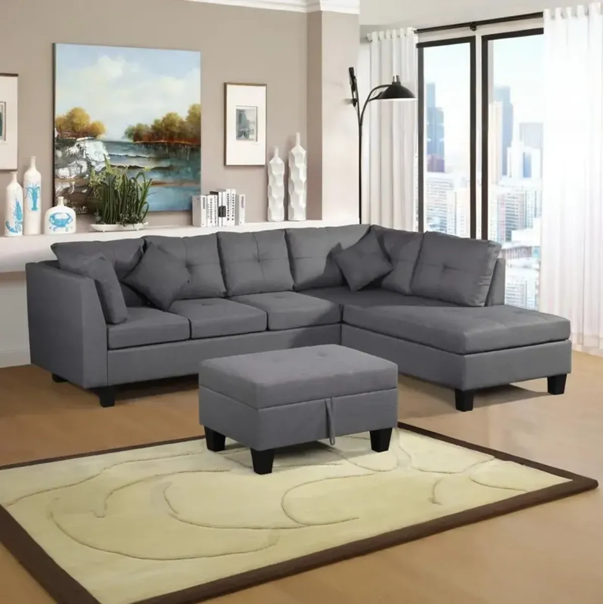 Sectional Sofa Set For Living Room With Right Hand Chaise Lounge And Storage Ottoman - Gray