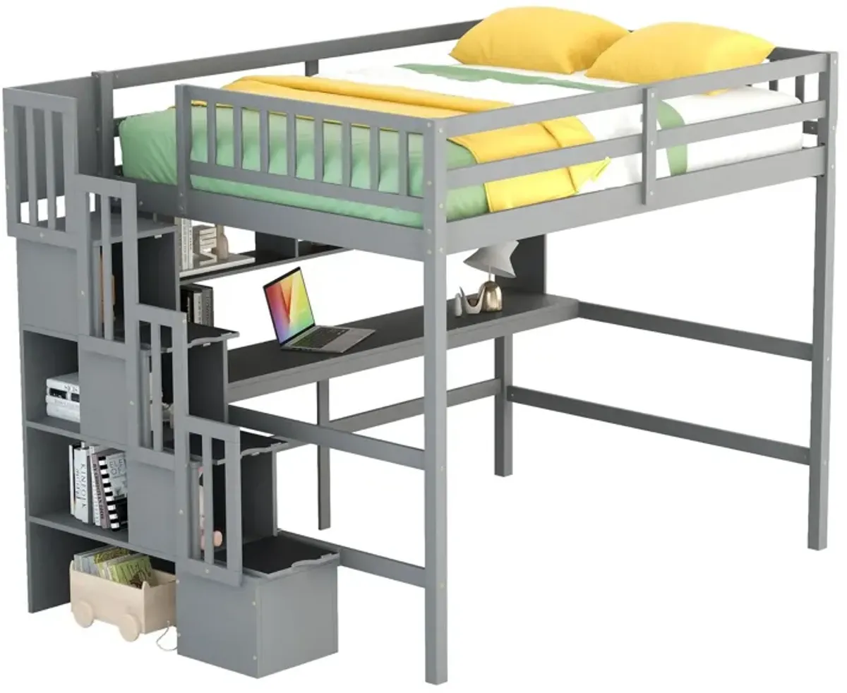 High Loft Bed With Built-In Desk, Ladder Platform, Ladders, Guardrails