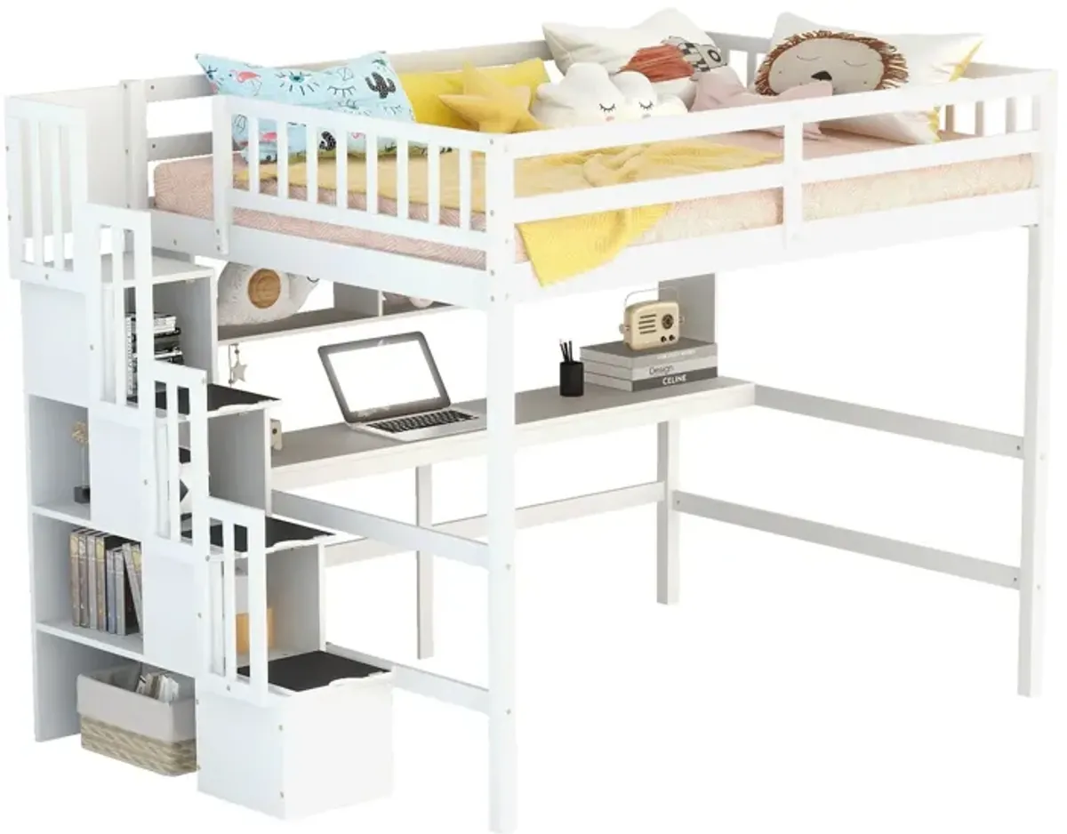 High Loft Bed With Built-In Desk, Ladder Platform, Ladders, Guardrails