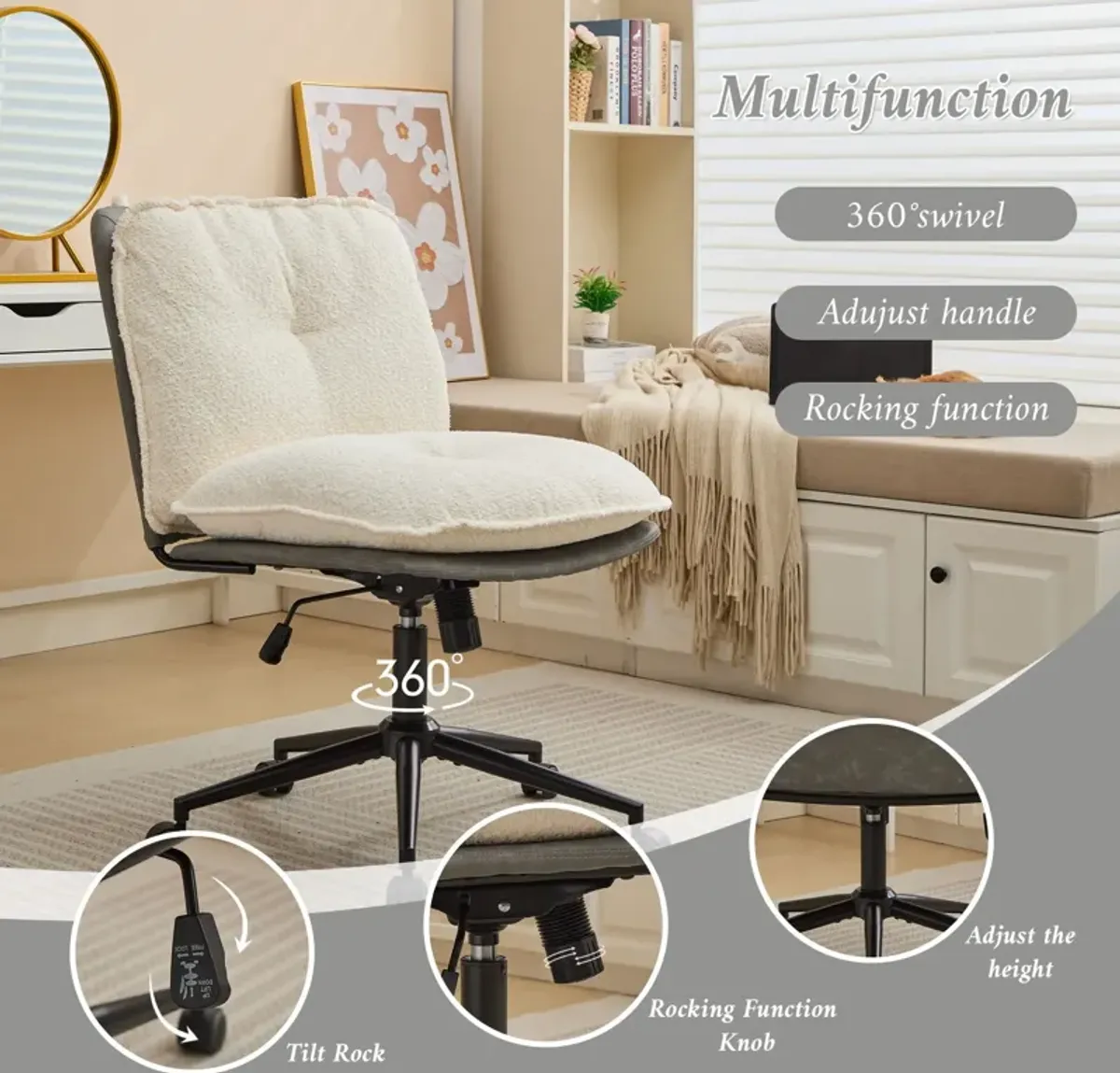 Oversize Seat Cirss Cross Chair With Wheels, Elegant Design Computer Chair, Adjustable Height 360 Degree Rolling Swivel Home Office Chair For Small Space, Dressing Room, Living Room