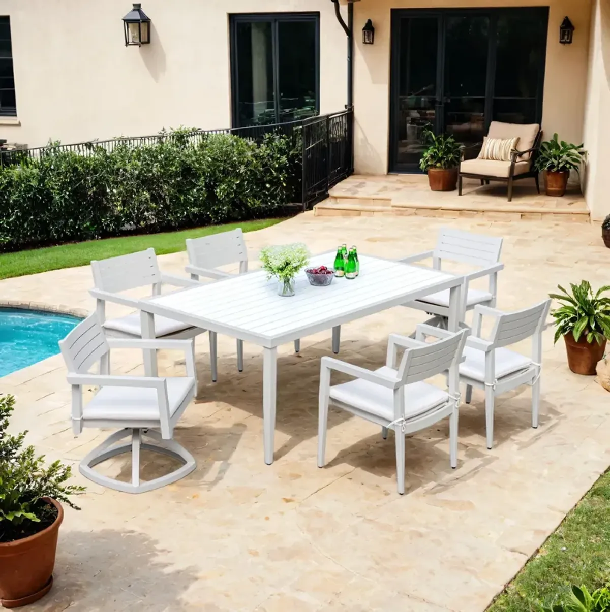 7 Piece Dining Set Modern Outdoor Patio Furniture, Including 4 Dining Chairs & 2 Swivel Rockers Sunbrella Fabric Cushioned And Rectangle Dining Table With Umbrella Hole