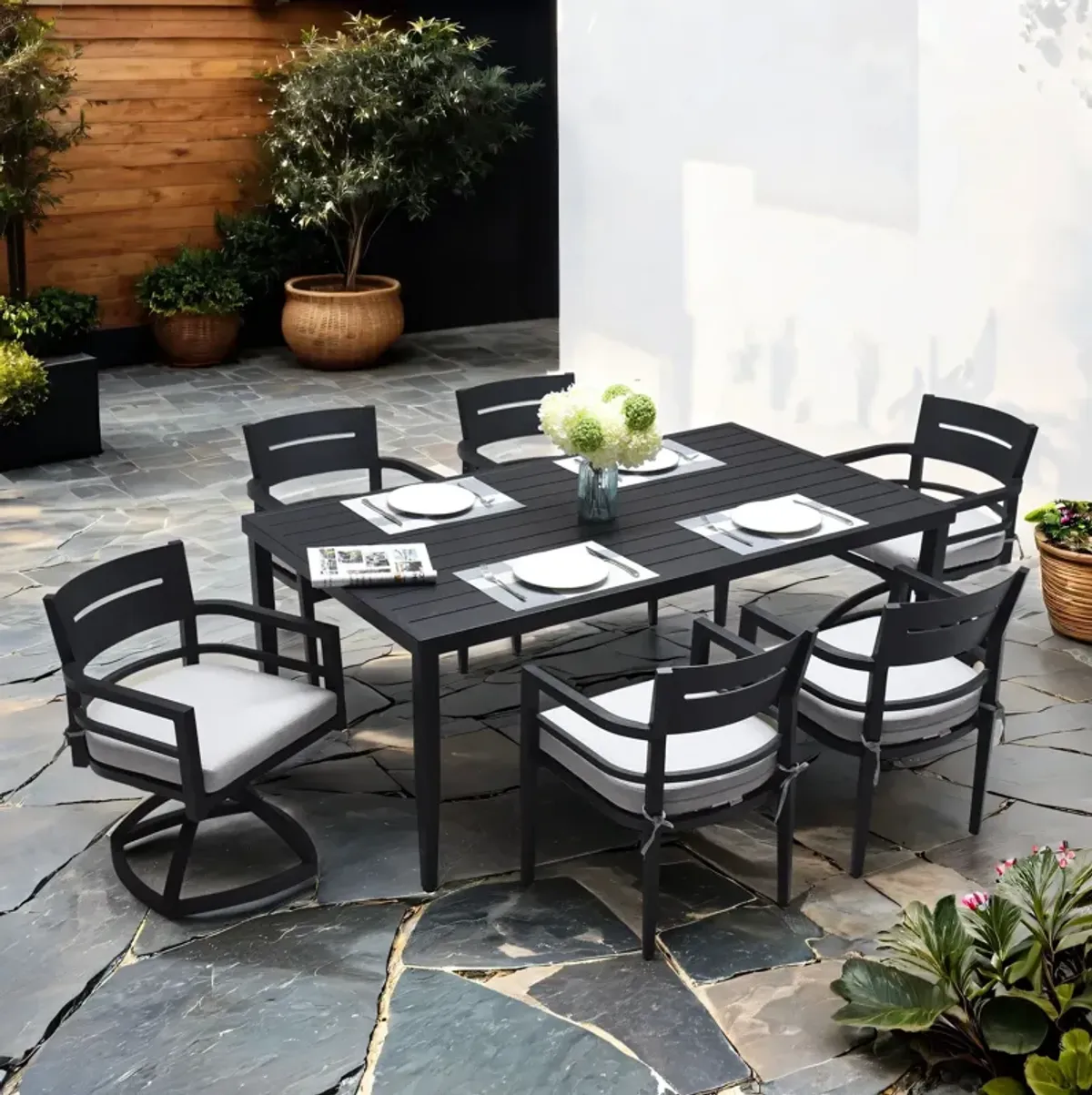 7 Piece Dining Set Modern Outdoor Patio Furniture, Including 4 Dining Chairs & 2 Swivel Rockers Sunbrella Fabric Cushioned And Rectangle Dining Table With Umbrella Hole