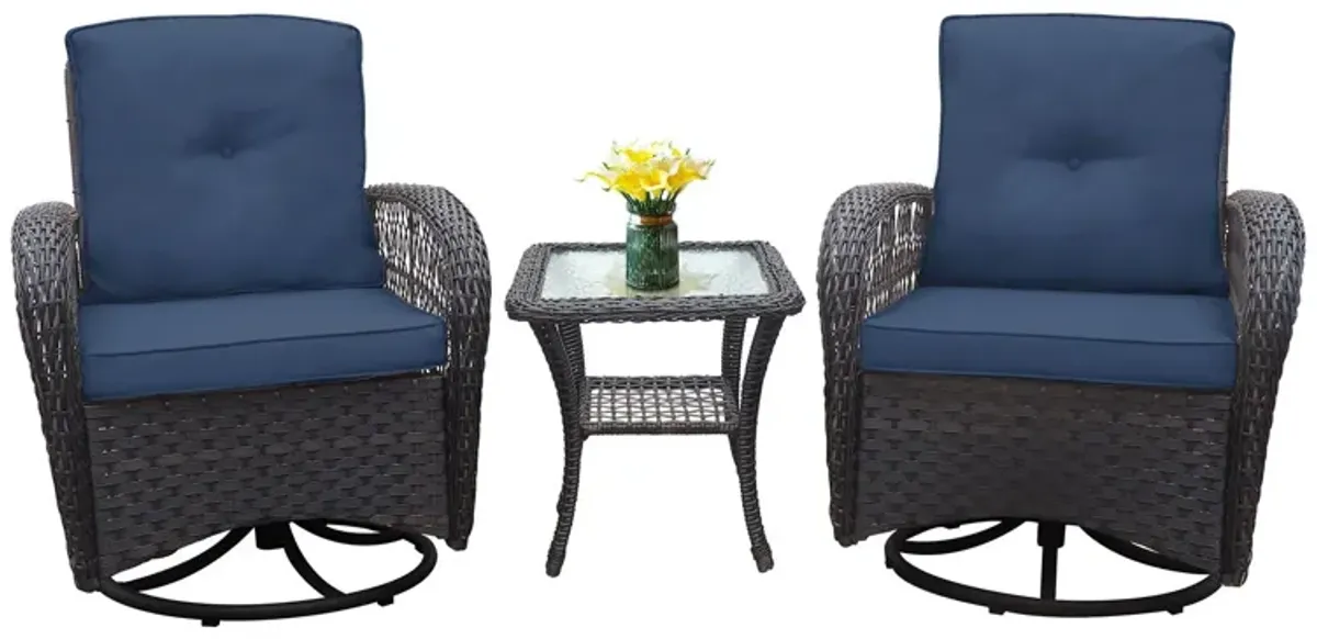 3 Pieces Conversation Set, Outdoor Wicker Rocker Swivel Patio Bistro Set, Rocking Chair With Glass Top Side Table