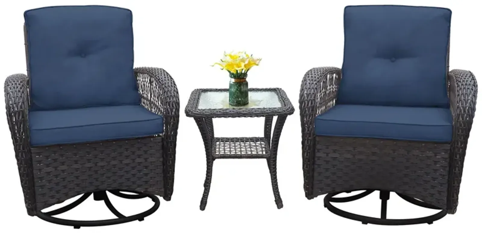 3 Pieces Conversation Set, Outdoor Wicker Rocker Swivel Patio Bistro Set, Rocking Chair With Glass Top Side Table