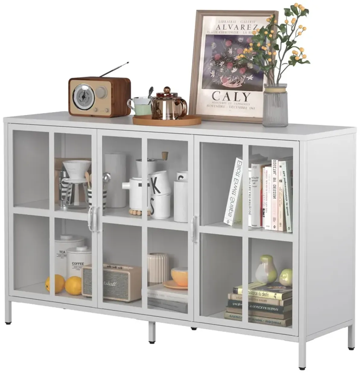 Heavy Duty Metal Modern Sideboard Buffet Cabinet With Storage Premium Steel Storage Cabinet, Adjustable Feet, Glass Doors, Large Capacity Organizer