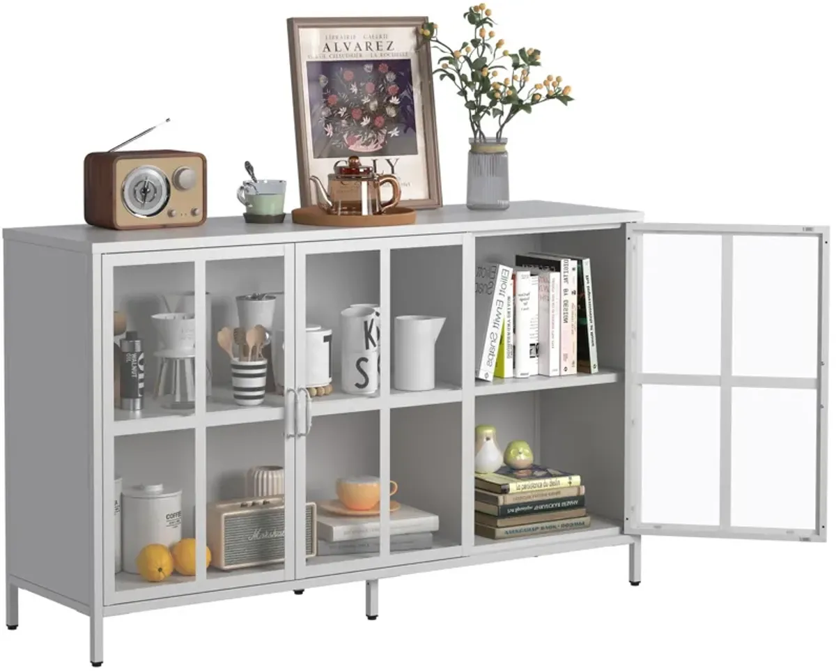 Heavy Duty Metal Modern Sideboard Buffet Cabinet With Storage Premium Steel Storage Cabinet, Adjustable Feet, Glass Doors, Large Capacity Organizer