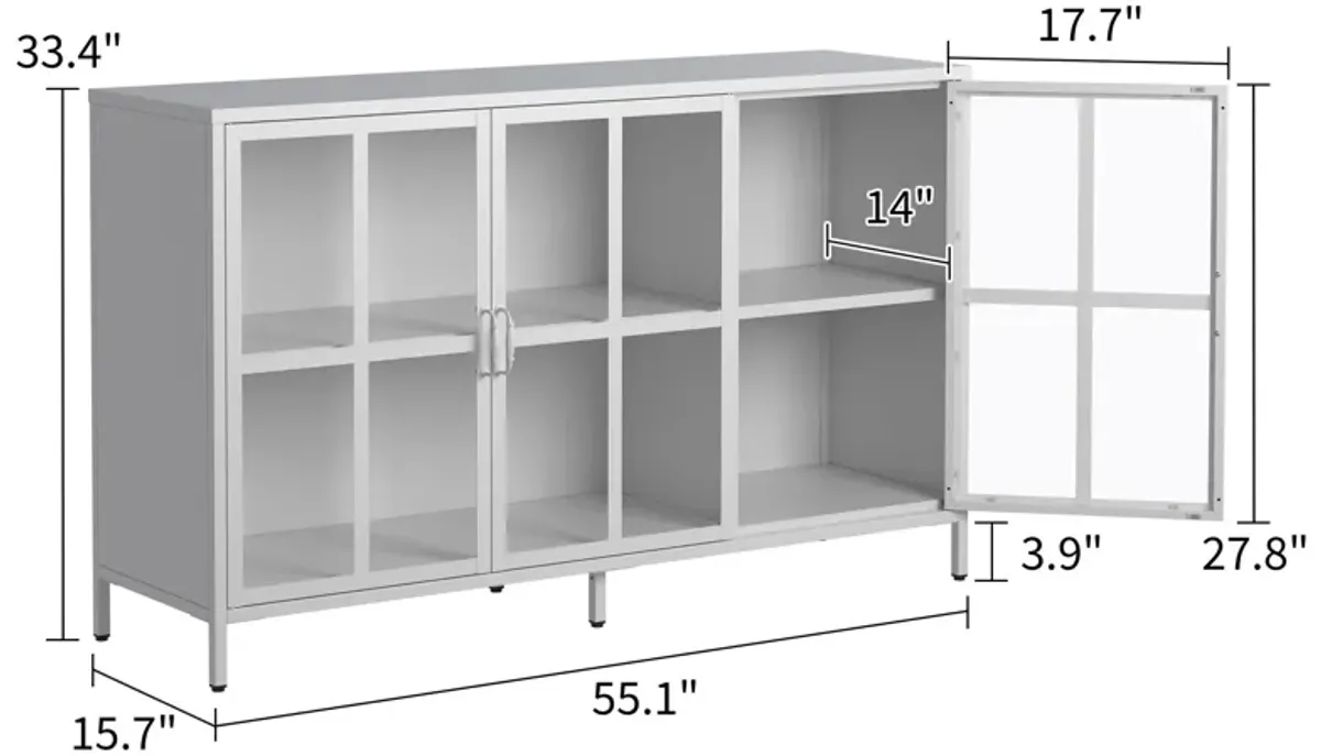 Heavy Duty Metal Modern Sideboard Buffet Cabinet With Storage Premium Steel Storage Cabinet, Adjustable Feet, Glass Doors, Large Capacity Organizer