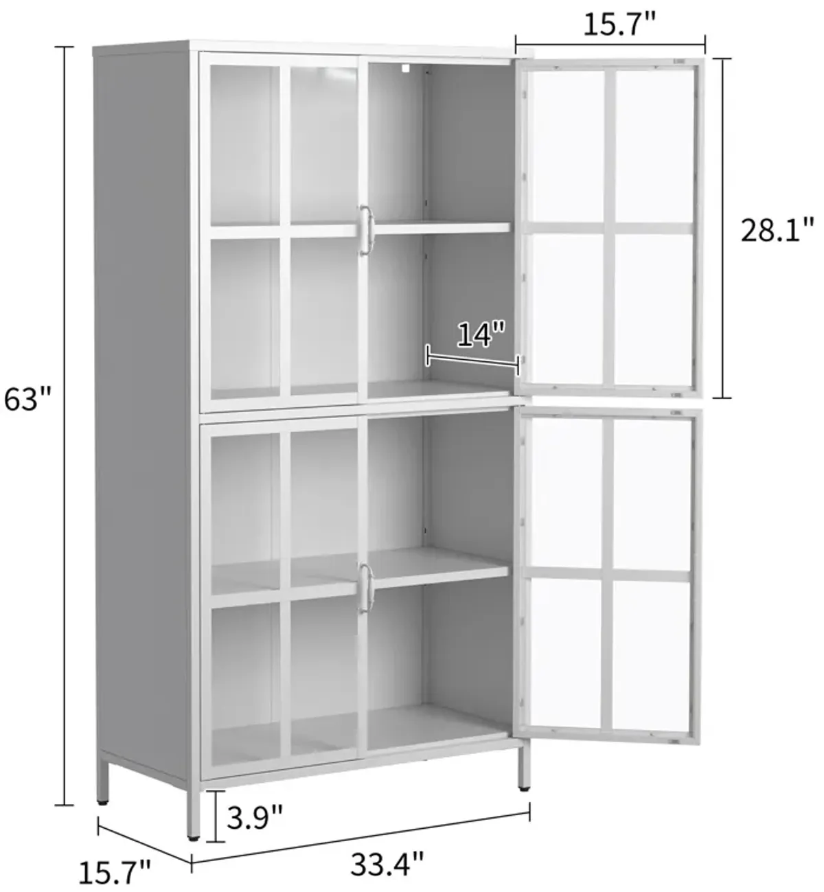 Premium Metal Storage Cabinet With Tempered Glass Doors, Adjustable Shelves, Anti-Tipping Device, Magnetic Silent Closure, And Adjustable Feet For Home And Office Use