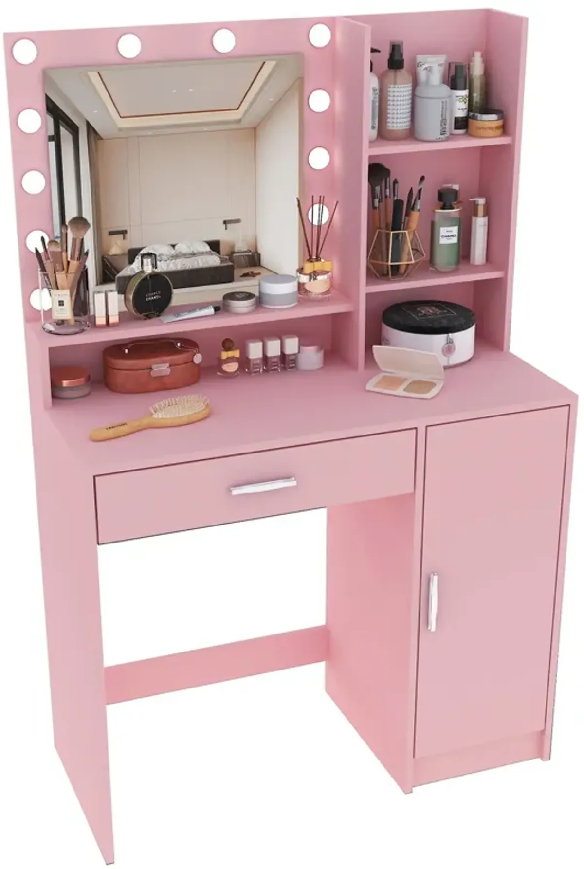 Vanity Desk With Mirror & Light, Large Drawer Three Level Storage Dresser, 3 Lighting Modes Adjustable Brightness, Bedroom Dressing Table