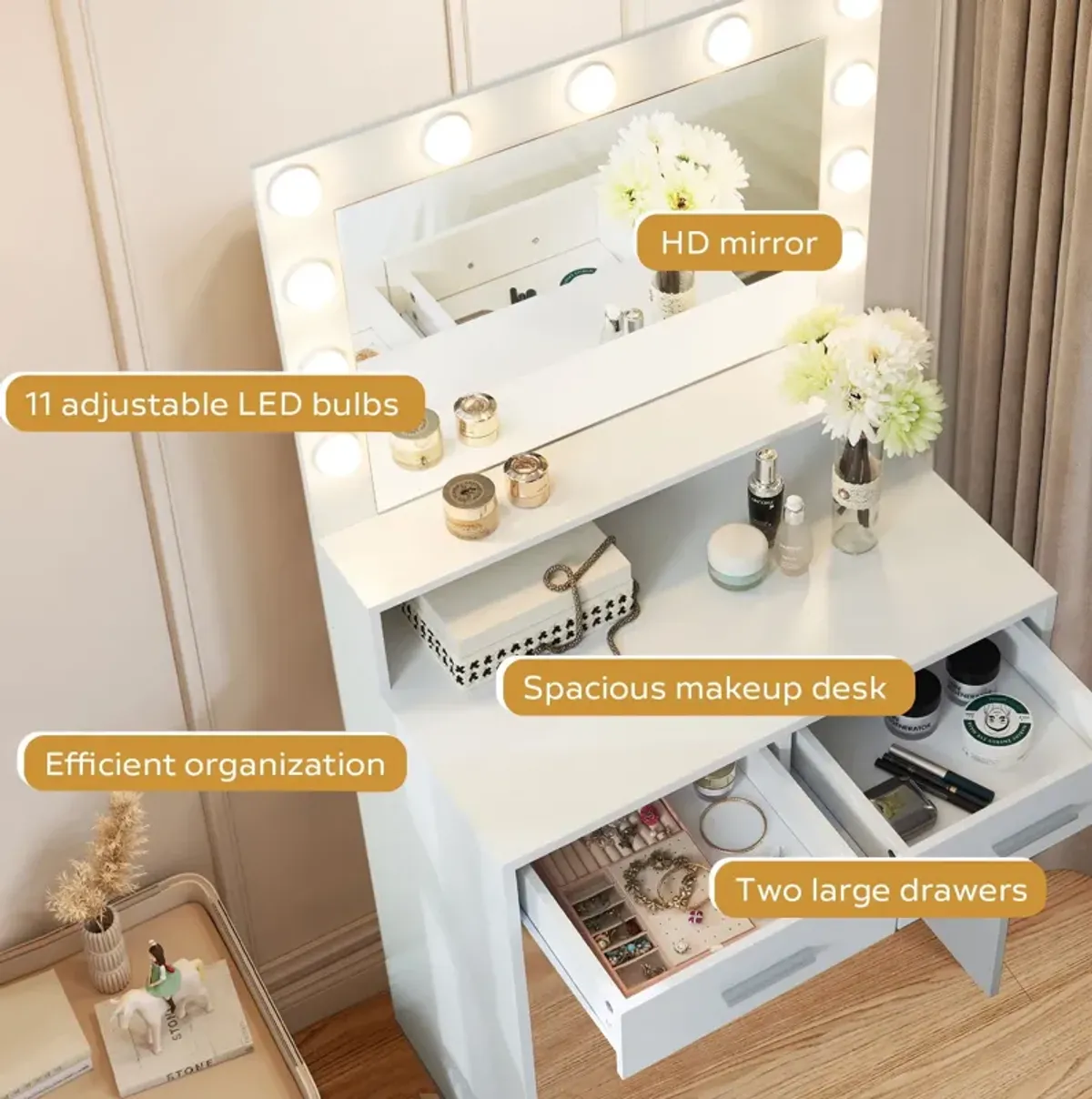 Vanity Desk With Mirror And Lights, Dressing Table With Large Drawer, 2 Level Storage Dresser & 3 Lighting Modes Adjustable Brightness, Suitable For Bedroom