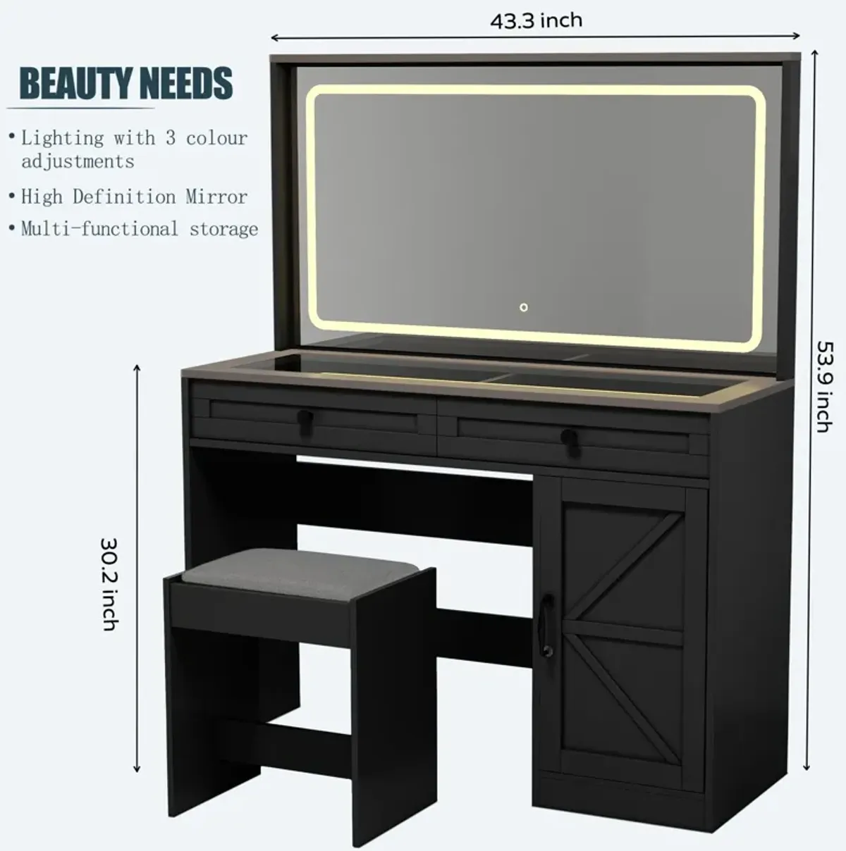 Makeup Vanity Table, Makeup Table With Large Mirror And LED Light Strip, Brightness Adjustable, Dressing Table Desk With 3 Drawers, Vanity Desk For Women (With Stool)