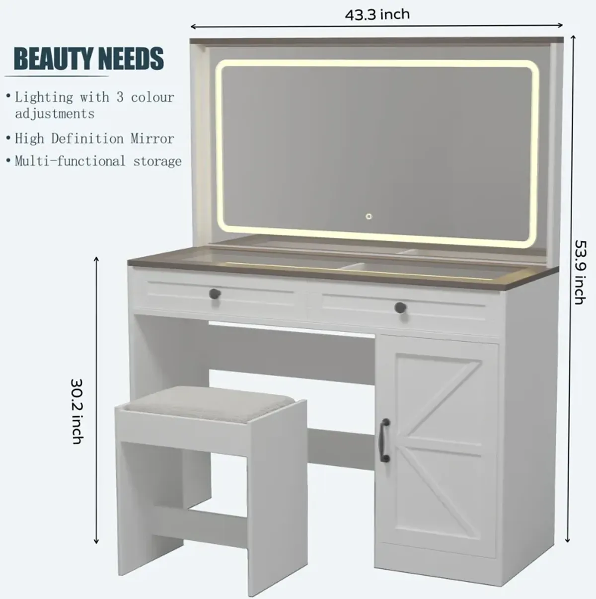 Makeup Vanity Table, Makeup Table With Large Mirror And LED Light Strip, Brightness Adjustable, Dressing Table Desk With 3 Drawers, Vanity Desk For Women (With Stool)