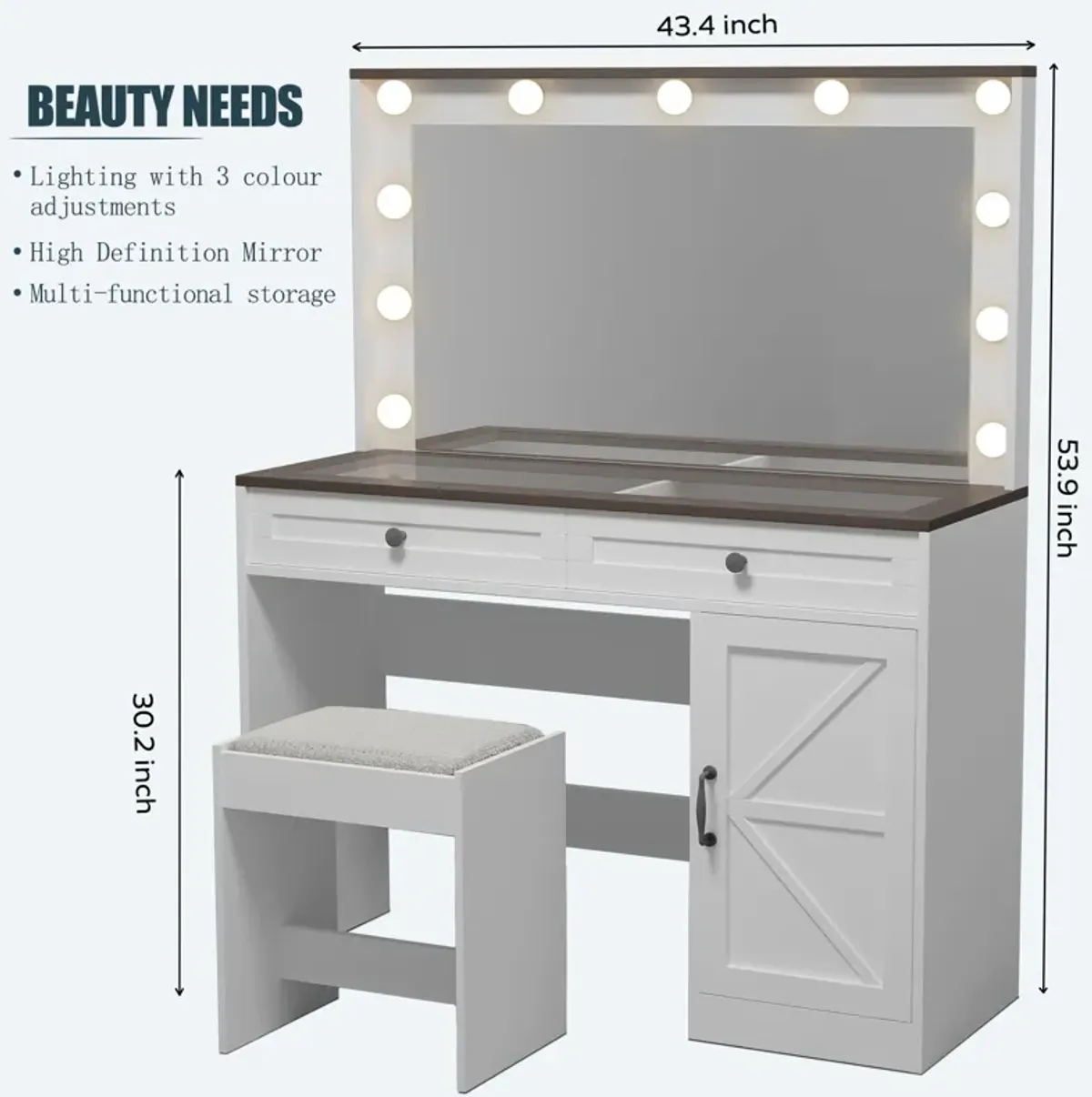 Makeup Vanity Table, Makeup Table With Large Mirror And 11 LED Light, Brightness Adjustable, Dressing Table Desk With 3 Drawers, Vanity Desk For Women (With Stool)